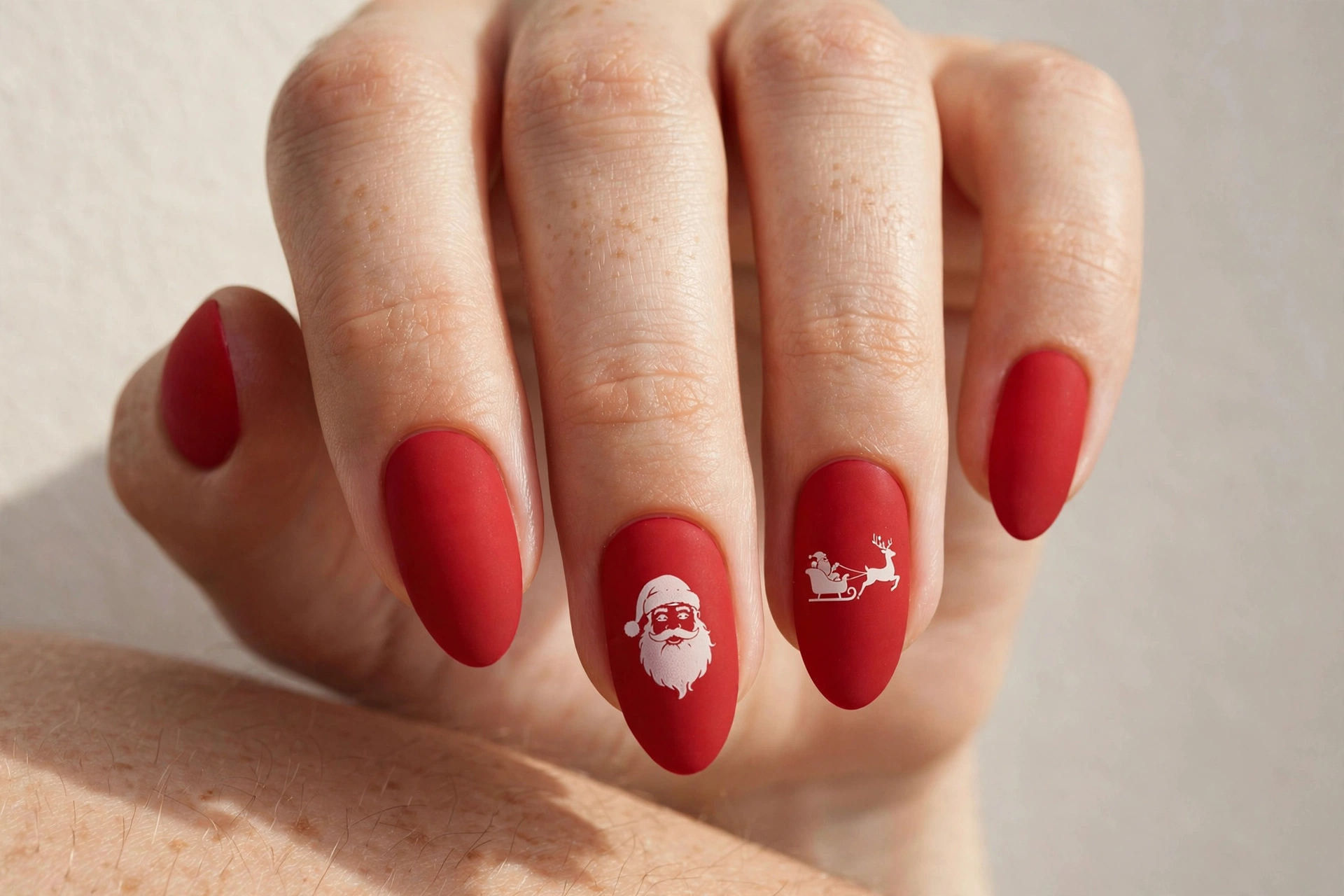 Matte red nails with white Santa silhouettes on accent nails