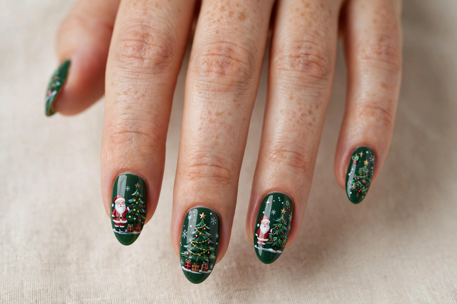 Green nails with tiny Santa beside decorated Christmas trees