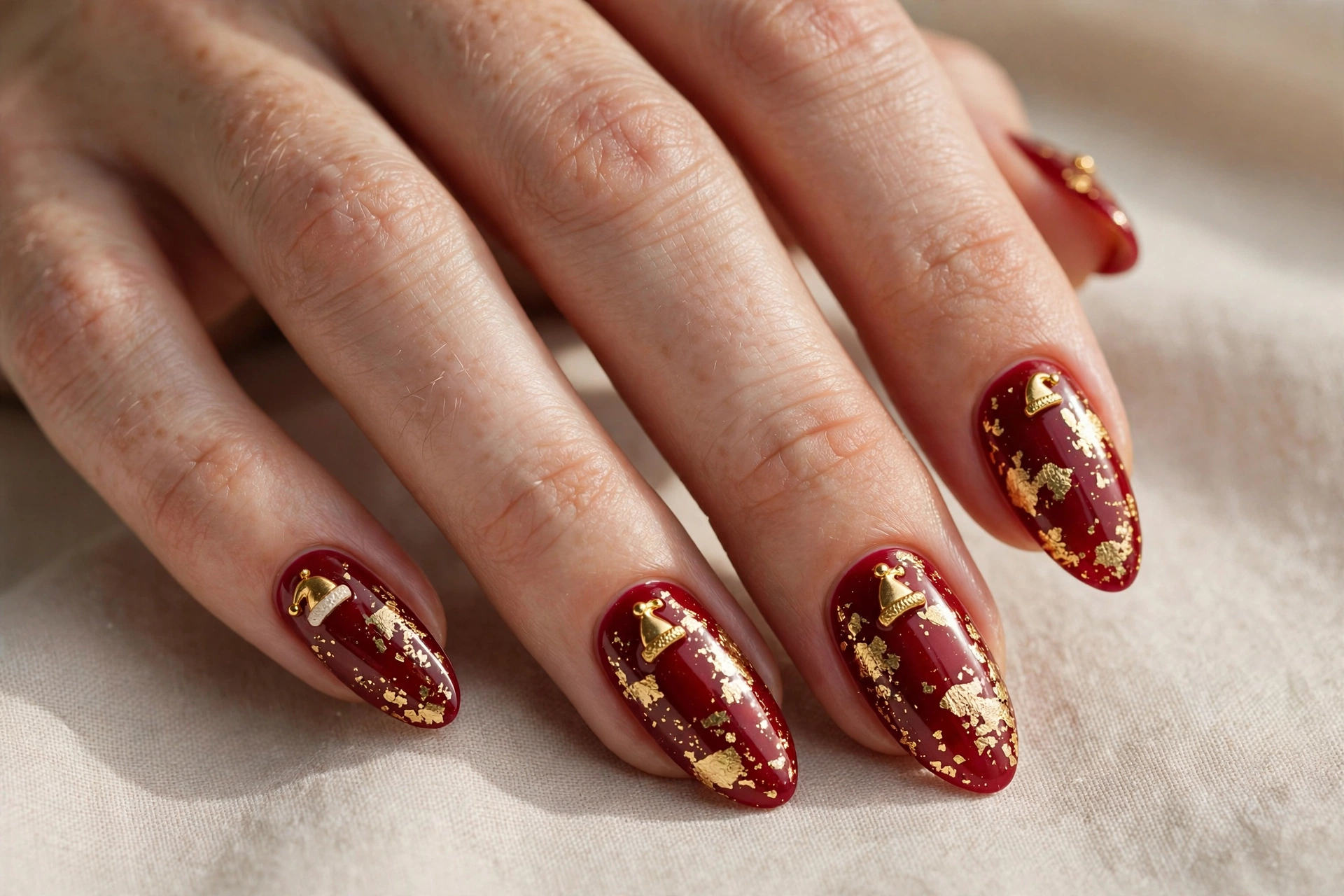 Deep red nails with gold foil flakes and tiny gold Santa hat accents