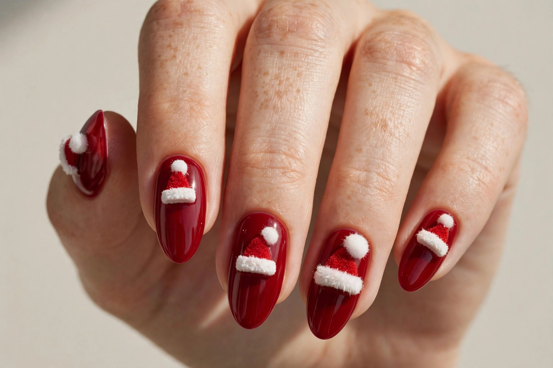 Glossy red nails with tiny 3D Santa hat charms and pom-pom details