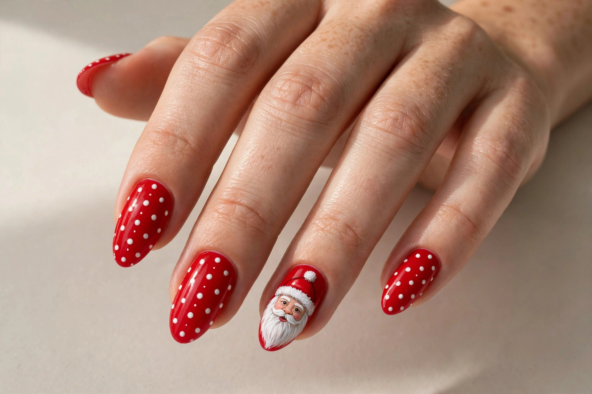 Bright red nails with white polka dots and Santa face accent nail
