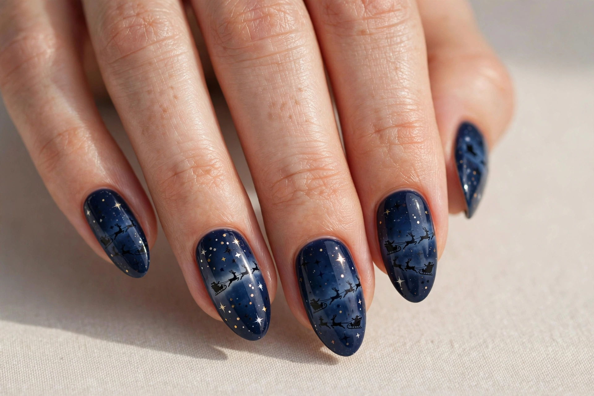 Dark navy nails with Santa sleigh silhouettes flying across starry sky