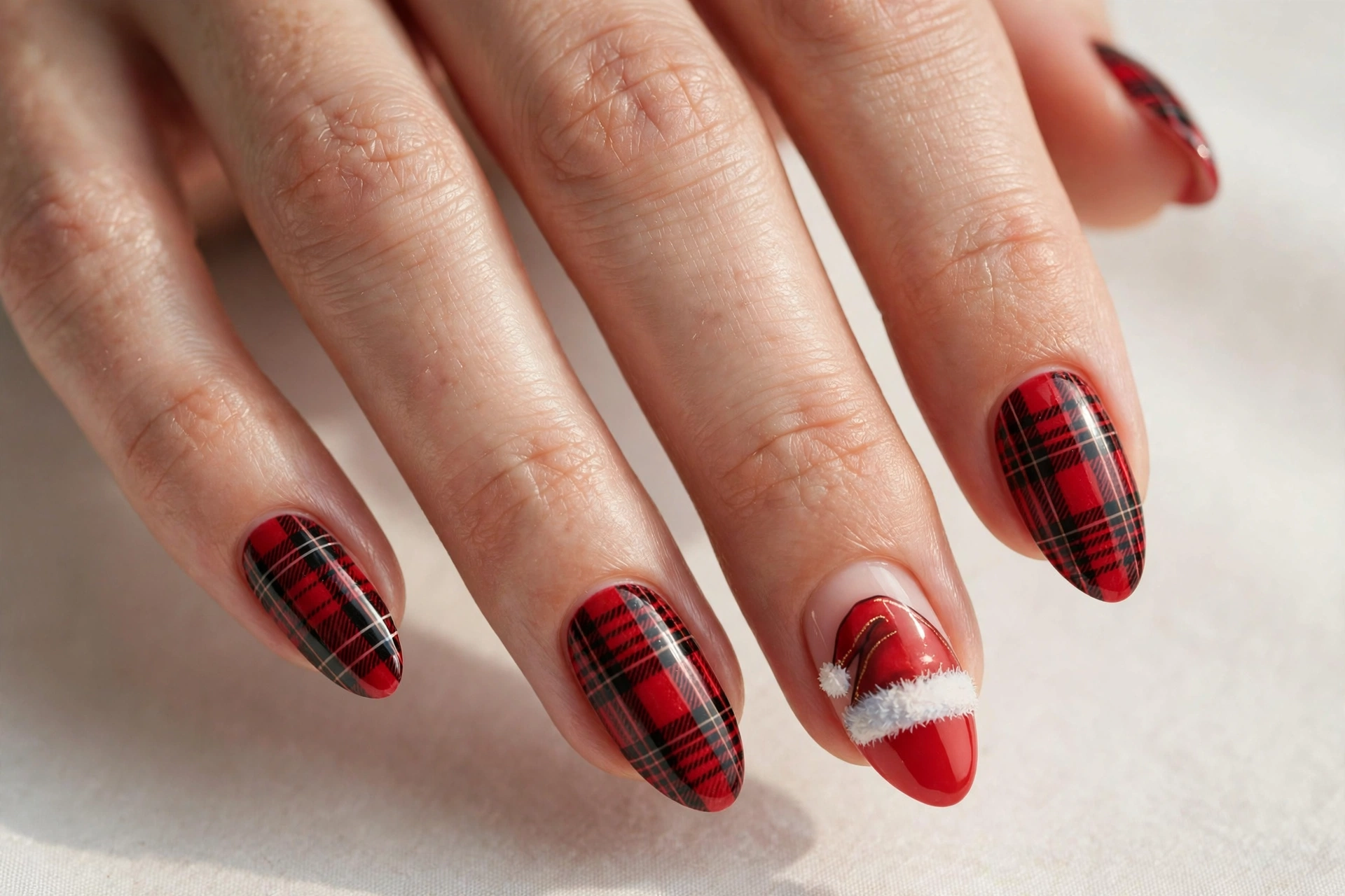 Classic red and black plaid nails with Santa hat accent nails