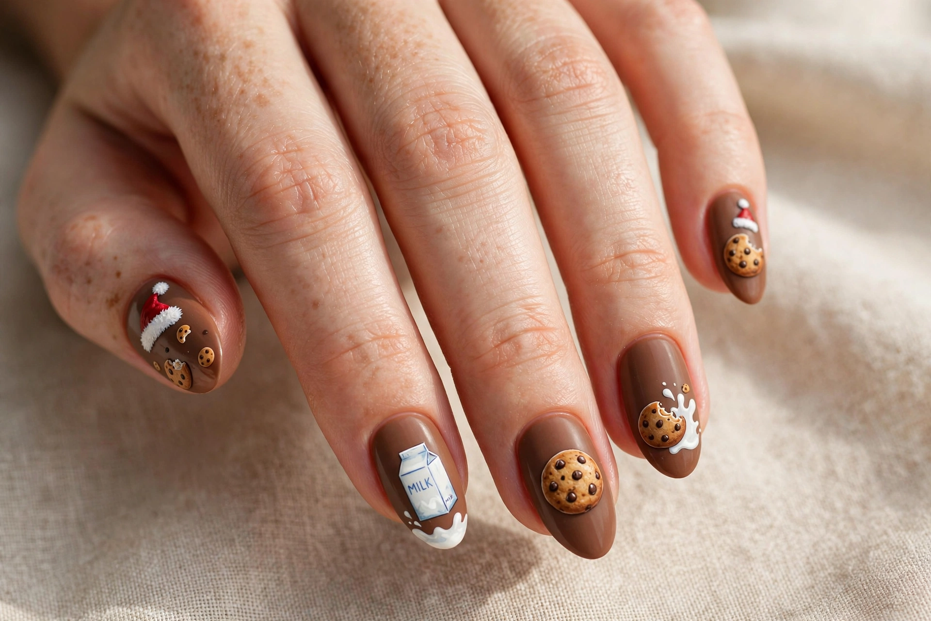 Warm brown nails with milk and cookies for Santa and tiny Santa hats