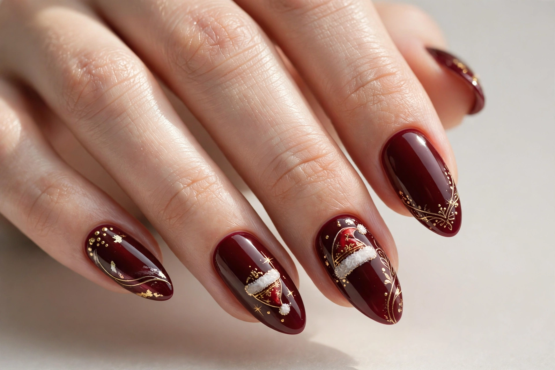 Deep burgundy nails with gold Santa hat accents and elegant detailing