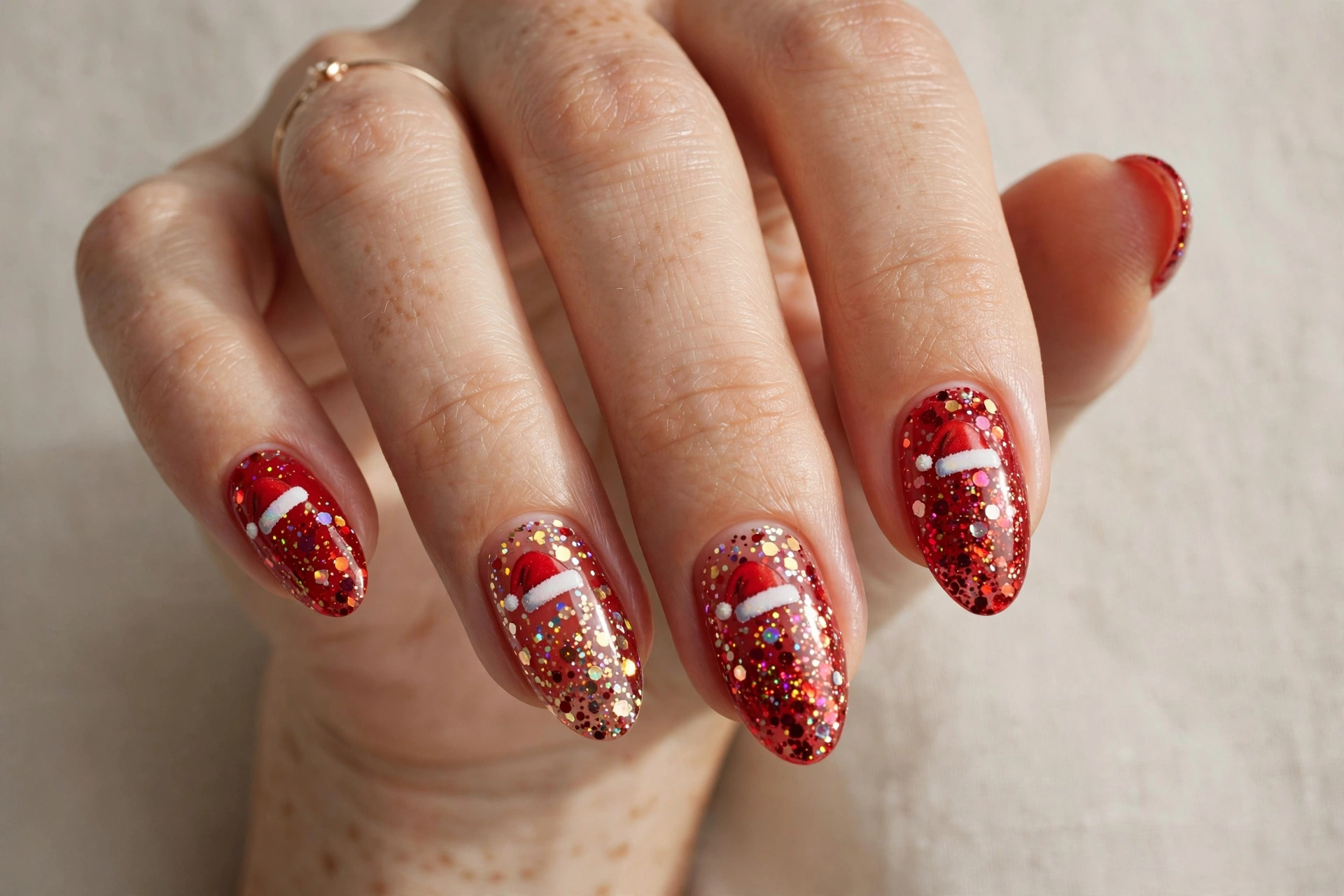 Festive red nails with sparkling confetti glitter and Santa hat decals