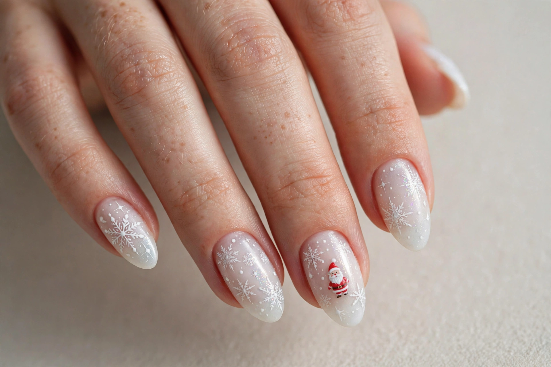 Icy white nails with delicate snowflakes and tiny red Santa accent