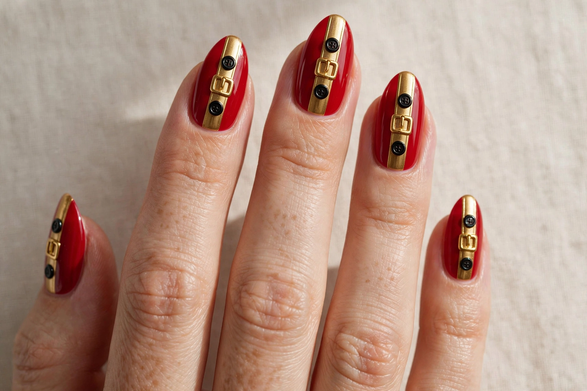 Santa suit red nails with black buttons and gold buckle strip down the center
