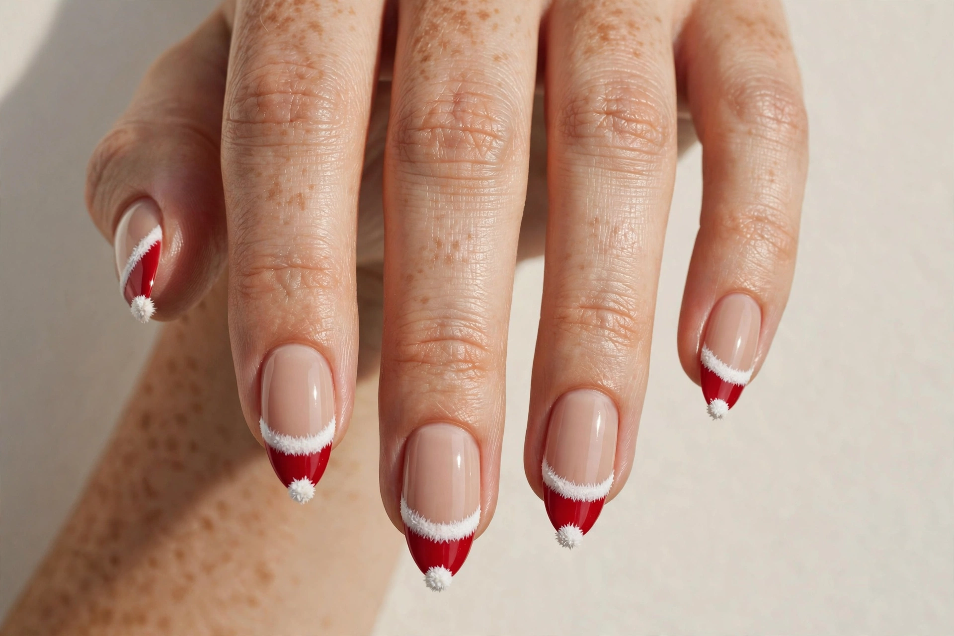 Nude base nails with red Santa hat French tips and white trim
