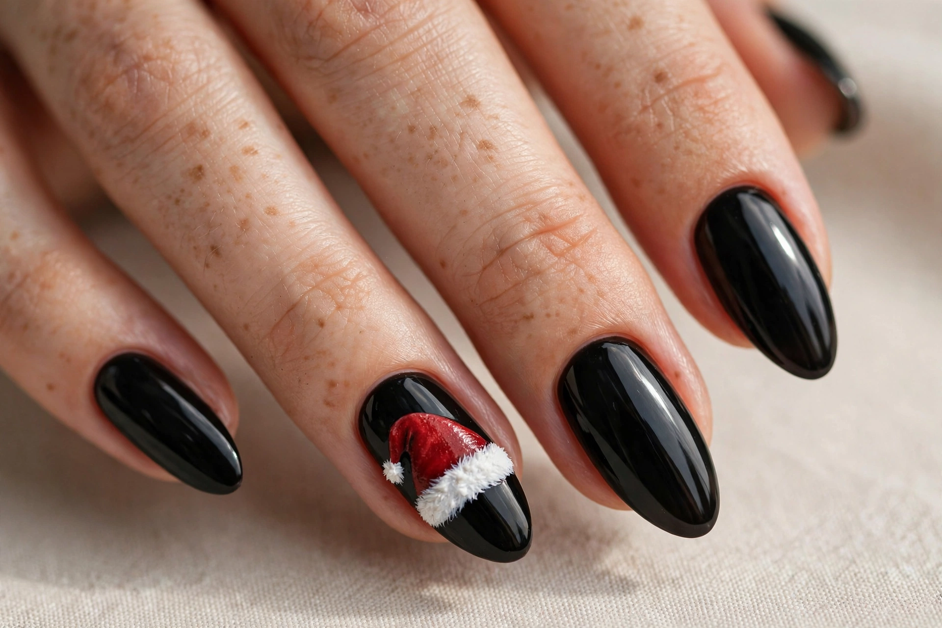 Glossy black nails with red Santa hats and white trim on accent nails