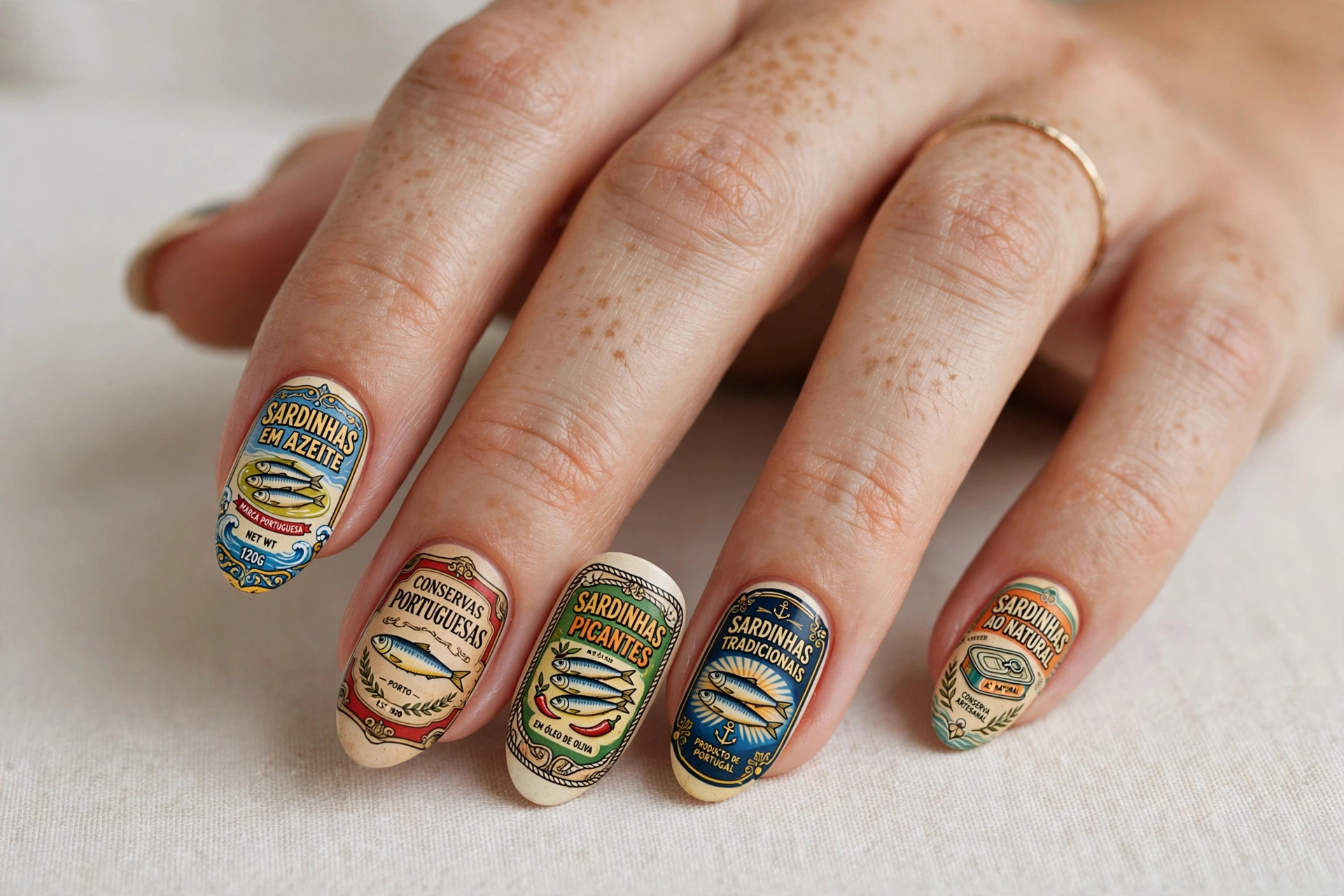 Vintage sardine tin label nail art with retro fish illustrations on almond nails