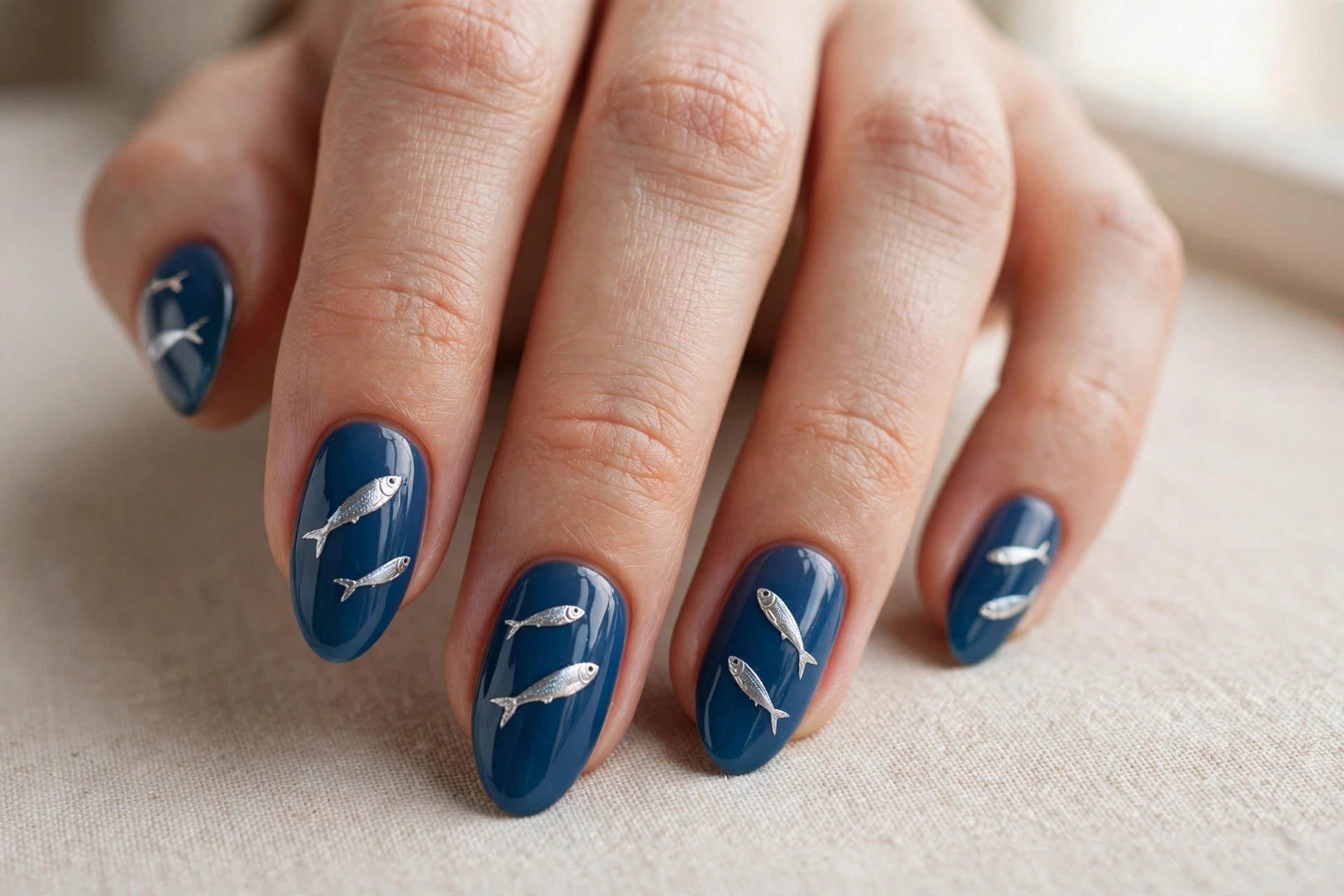 Tiny silver sardine fish silhouettes on deep ocean blue nails