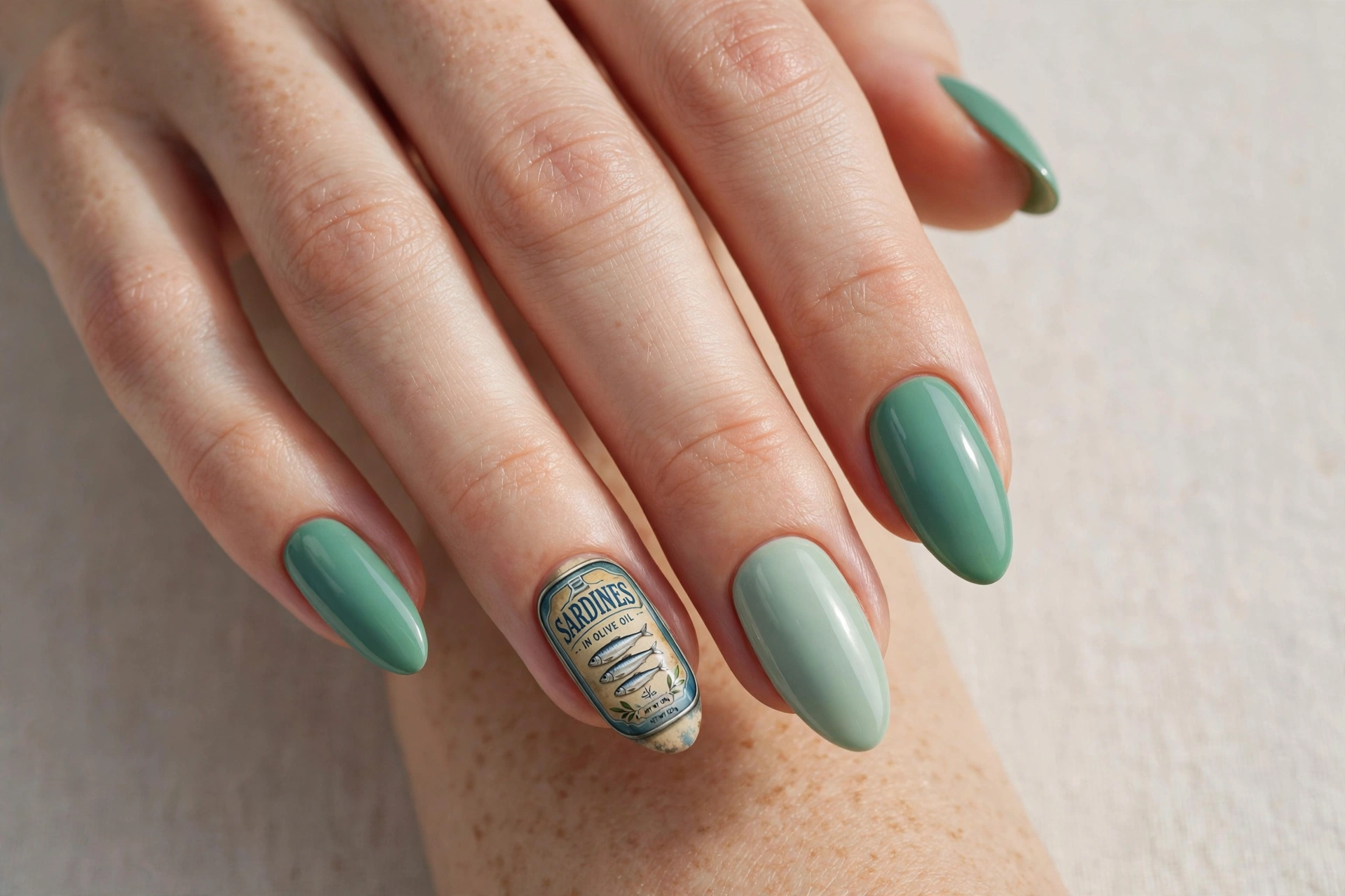 Sardine tin can accent nail with seafoam green solid nails