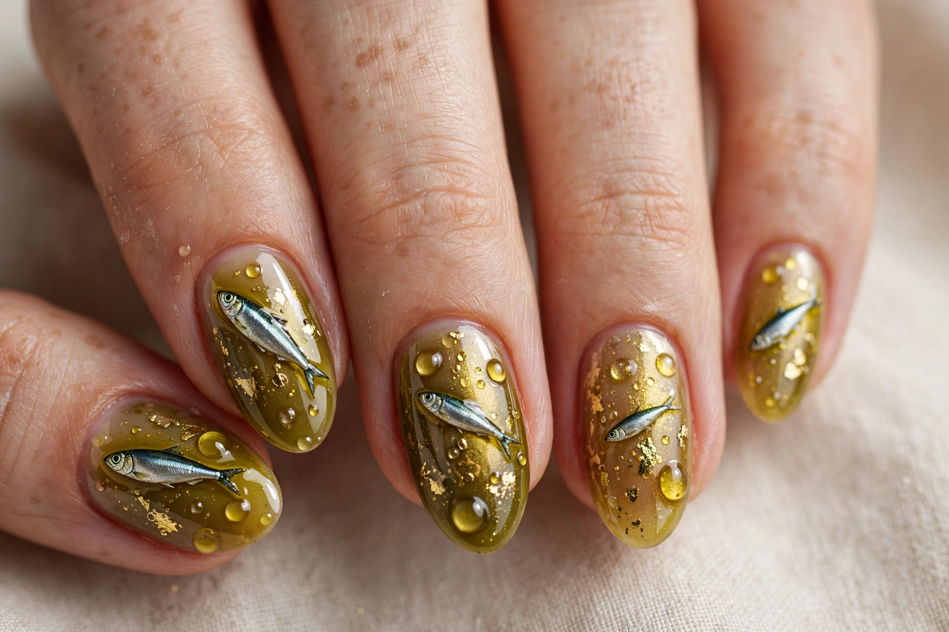 Sardine fish in shimmering olive gold oil nail art on almond nails