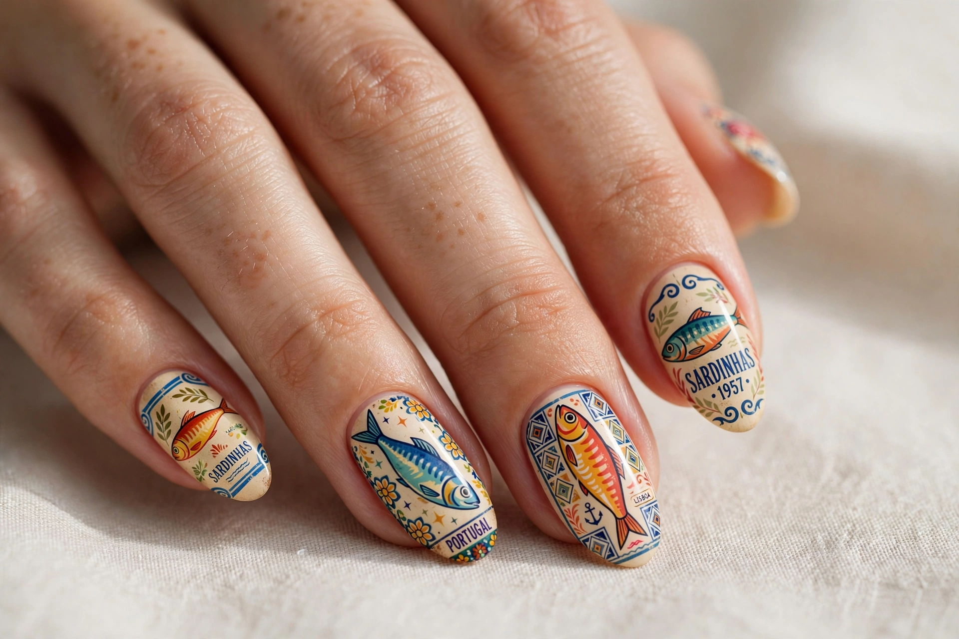 Bold vintage Portuguese sardine illustration nail art on almond nails