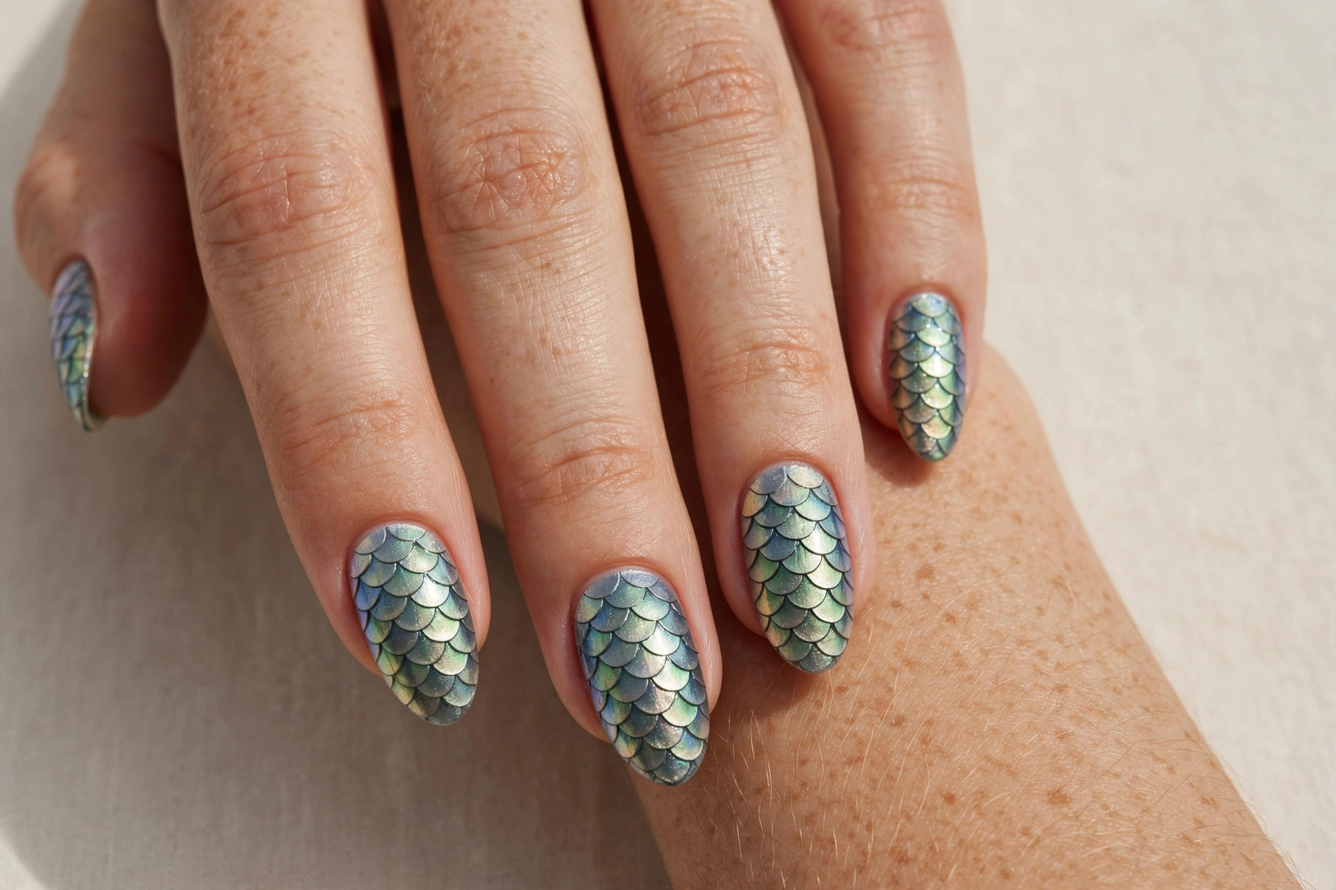 Iridescent overlapping sardine scale pattern nail art