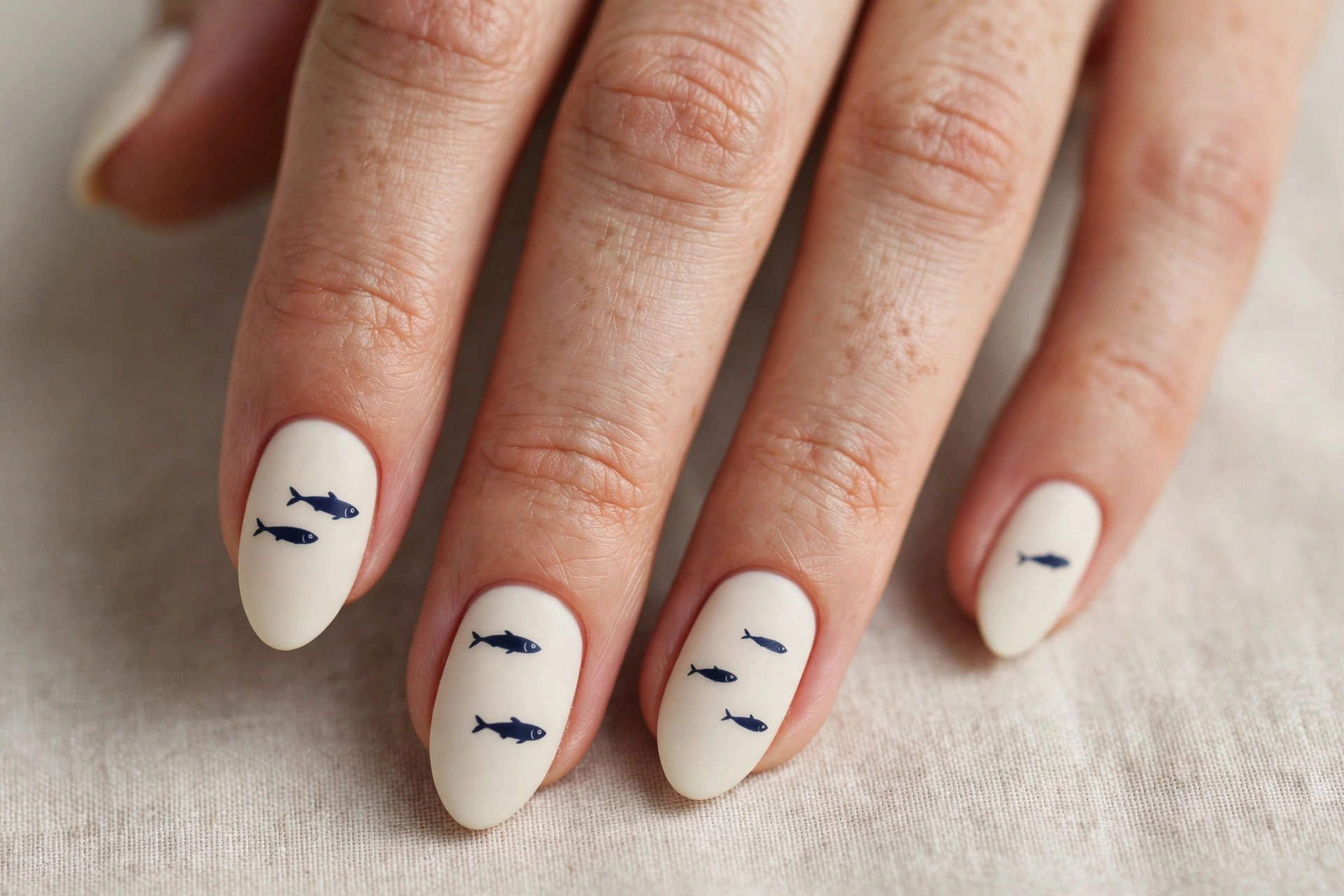 Dark navy sardine fish silhouettes on cream white nails
