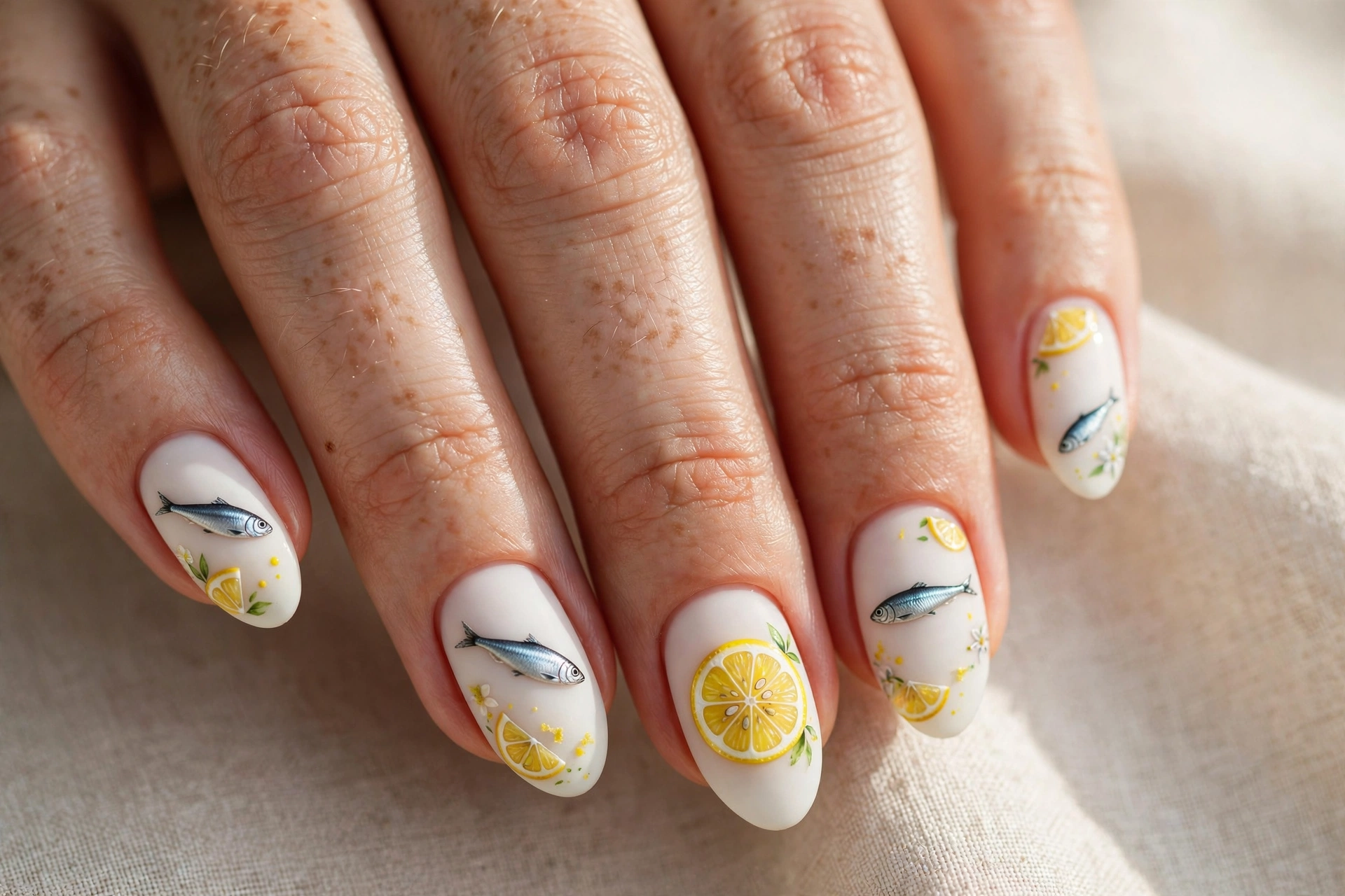 Sardine fish with yellow lemon slice accents on white nails