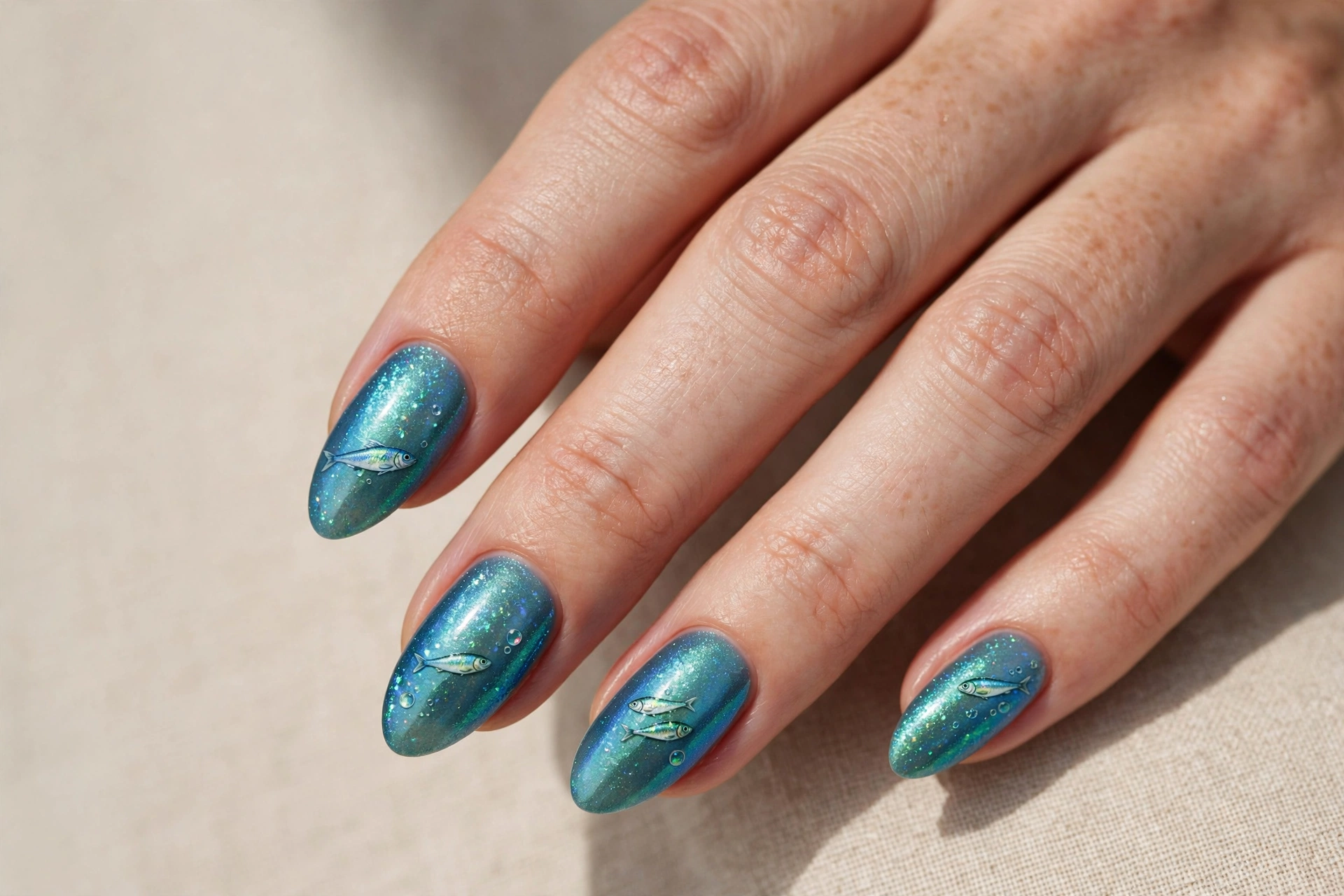 Pearly mermaidcore shimmer nails with tiny sardine fish details