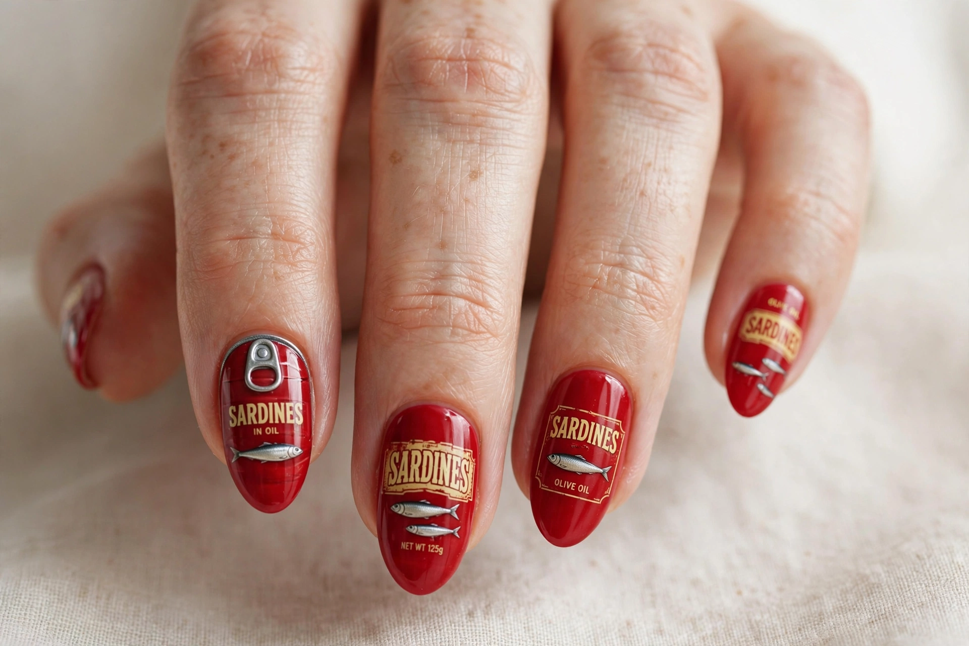 Classic red sardine tin can nail art with silver fish