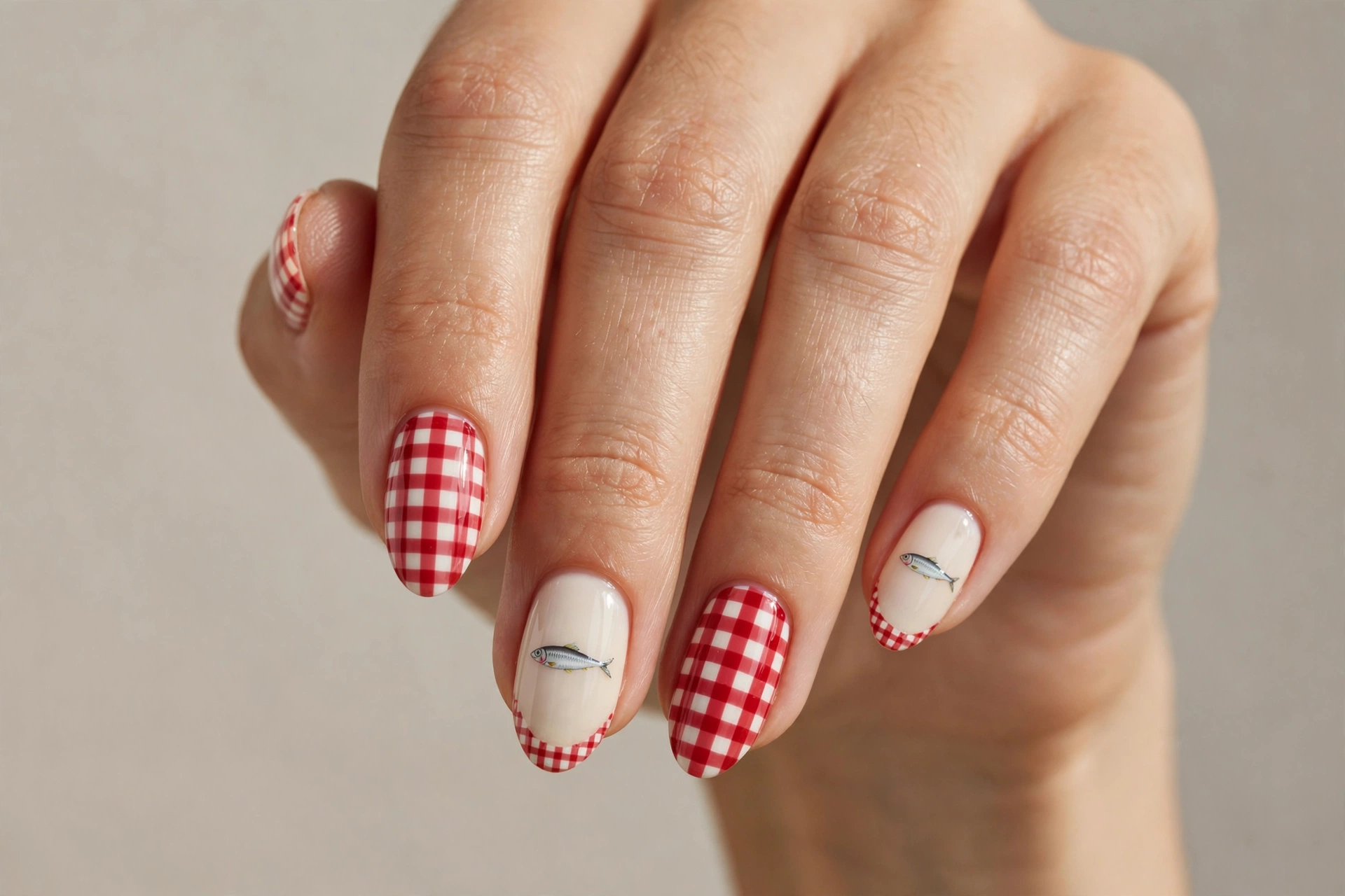 Red gingham picnic pattern with tiny sardine fish nail art