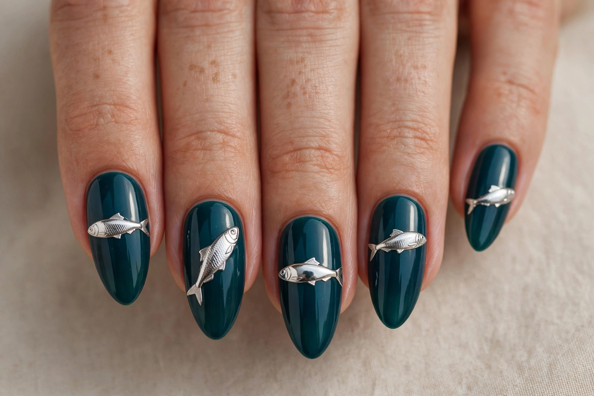 Mirror chrome silver sardine fish on deep teal nails