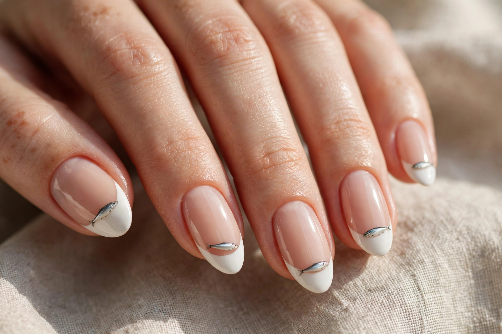 French tip nails with tiny sardine fish painted on the tips