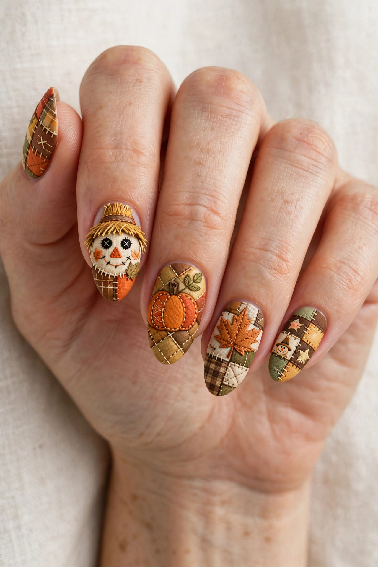 Close-up of a woman's hand with cute scarecrow patchwork quilt pattern nail art in fall colors on almond shaped nails