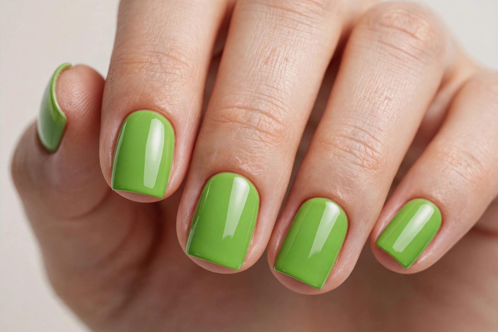Bright lime green glossy manicure inspired by the Grinch on short square nails