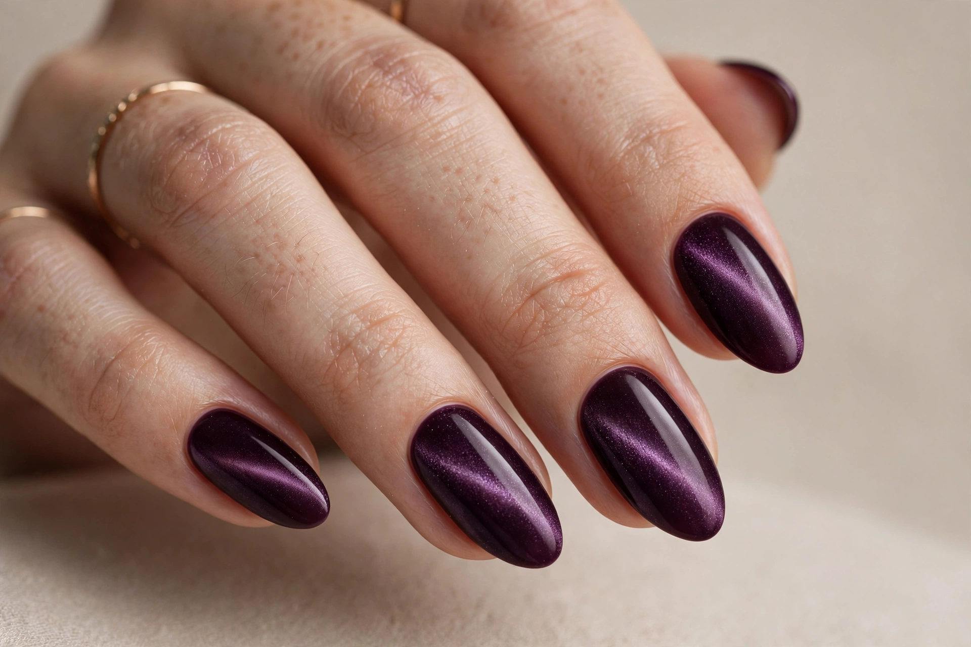 Deep plum velvet cat-eye manicure with soft dimensional shimmer on almond nails