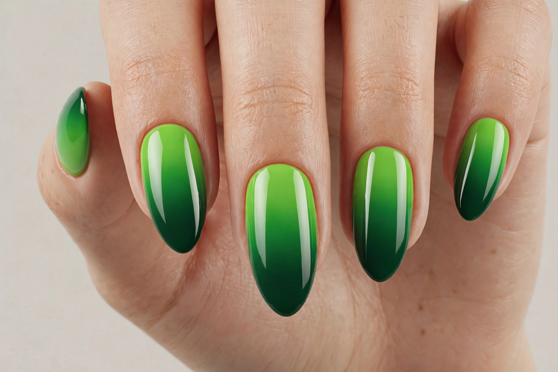 Lime green to deep forest green ombre gradient nail art