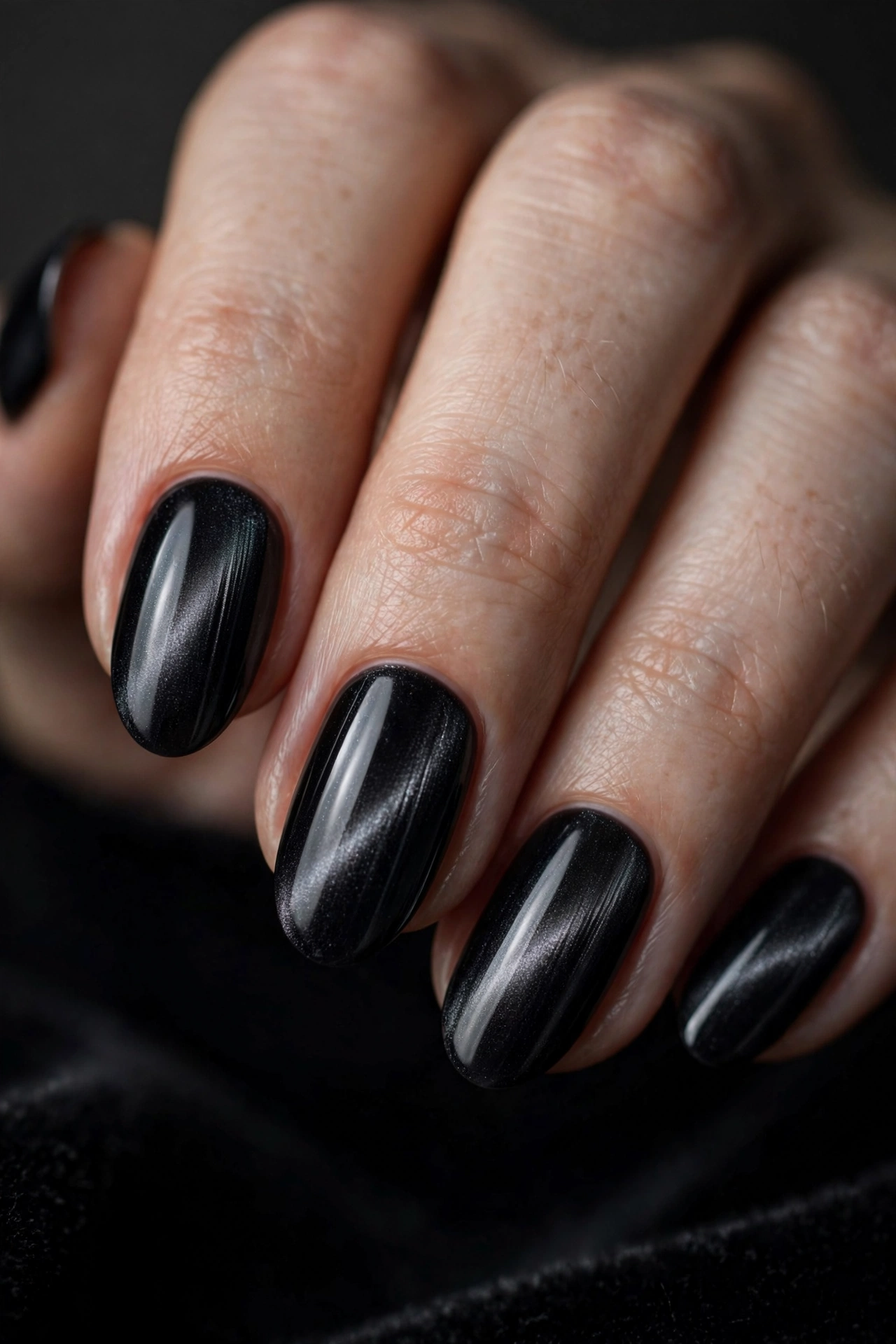 Midnight black velvet nails with subtle magnetic shimmer, elegant and moody
