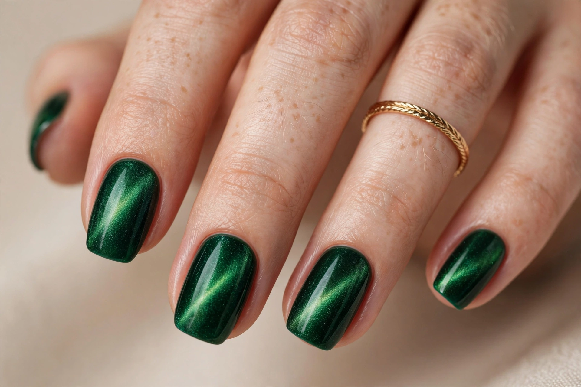 Emerald green velvet cat-eye manicure with rich jewel-tone shimmer