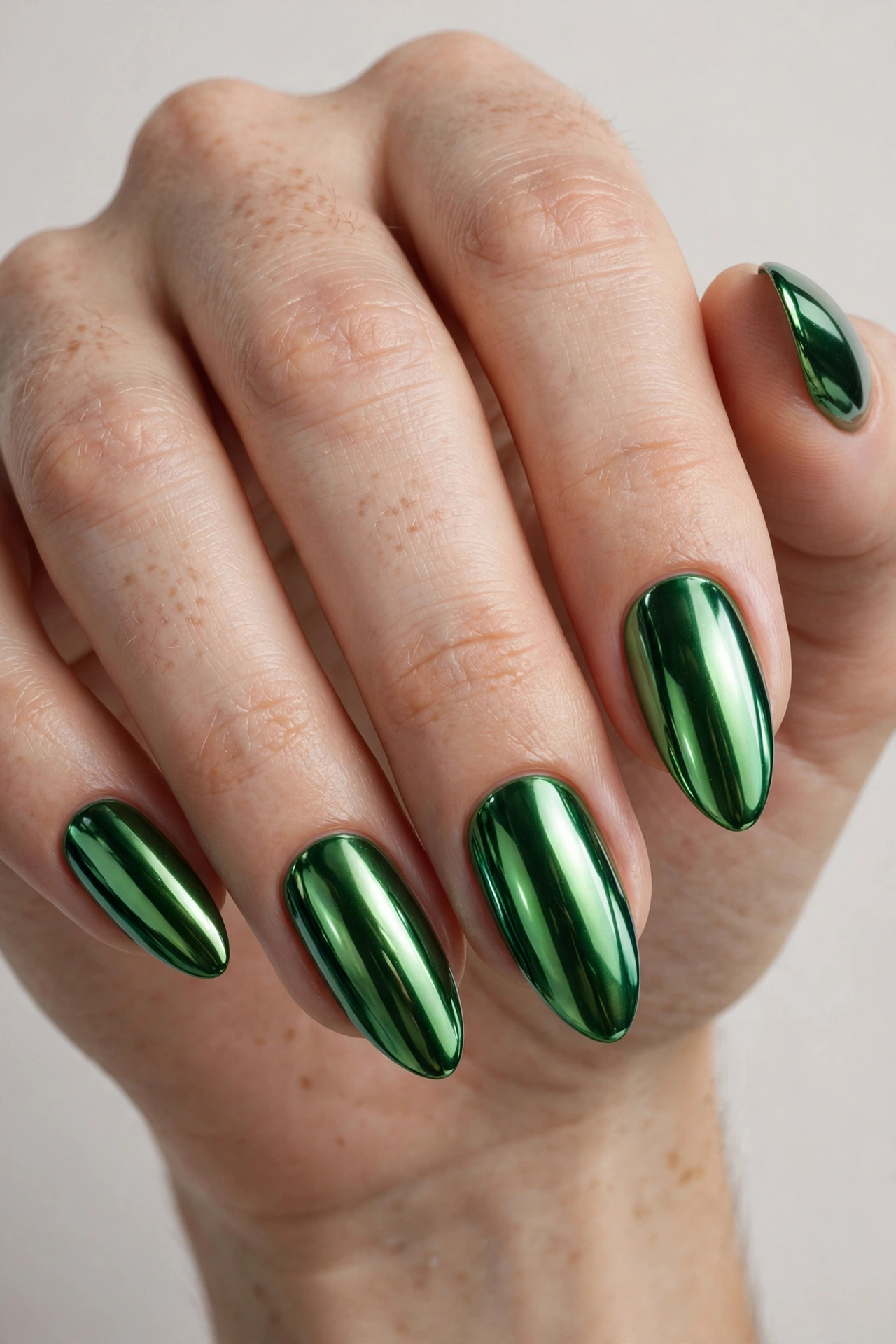 Mirror-finish green chrome nails with reflective shine