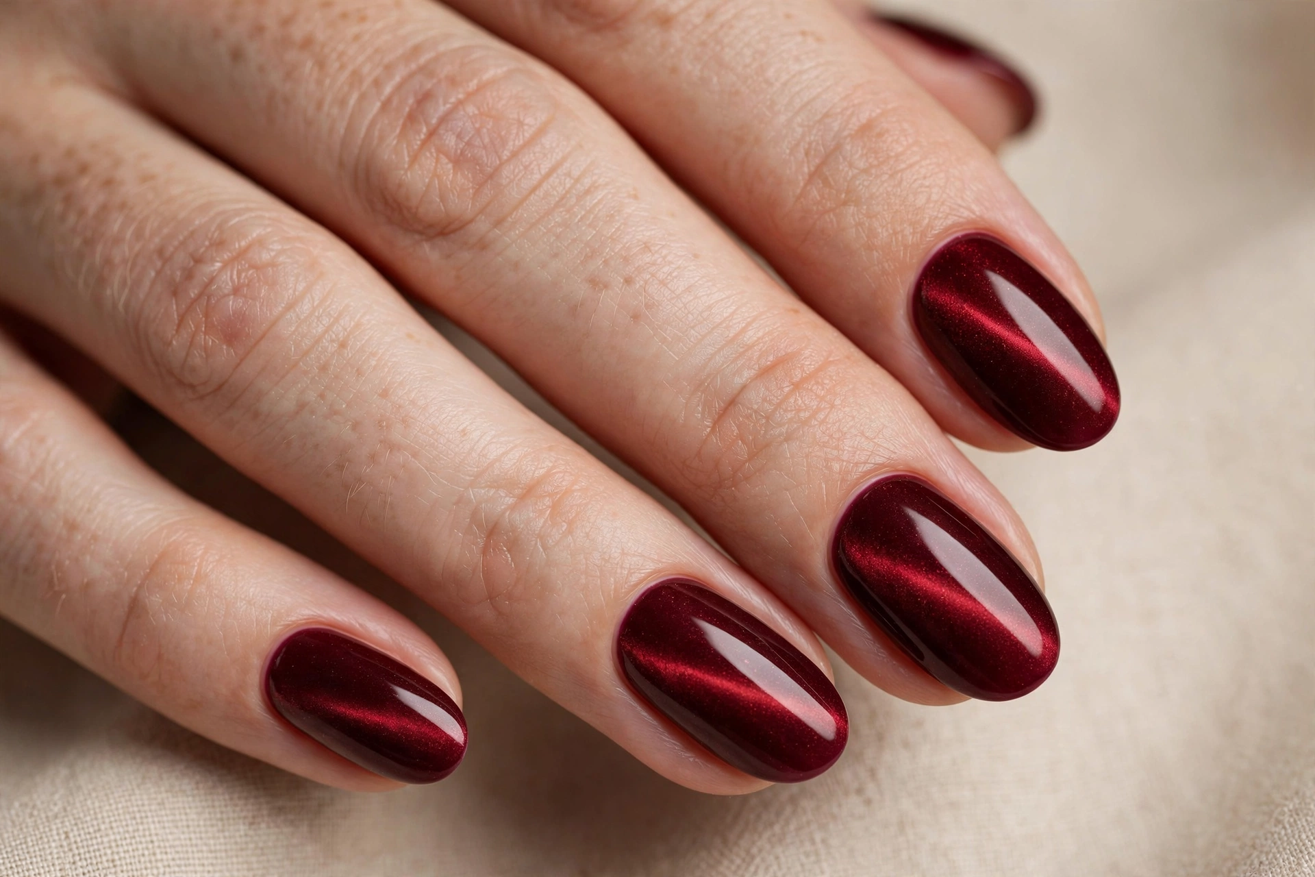 Burgundy wine velvet nails with deep red magnetic shimmer