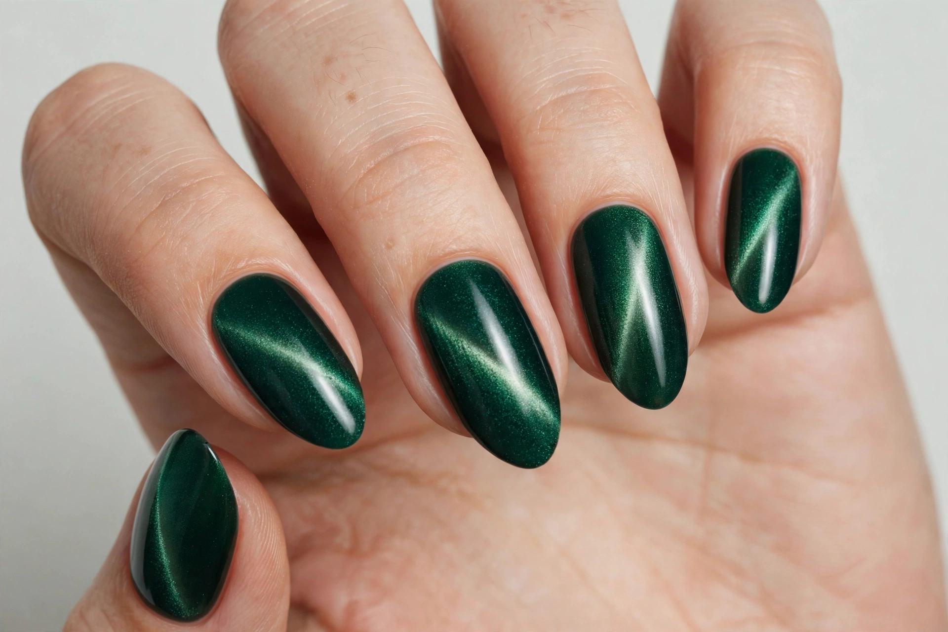 Green velvet cat-eye magnetic nails with soft dimensional shimmer
