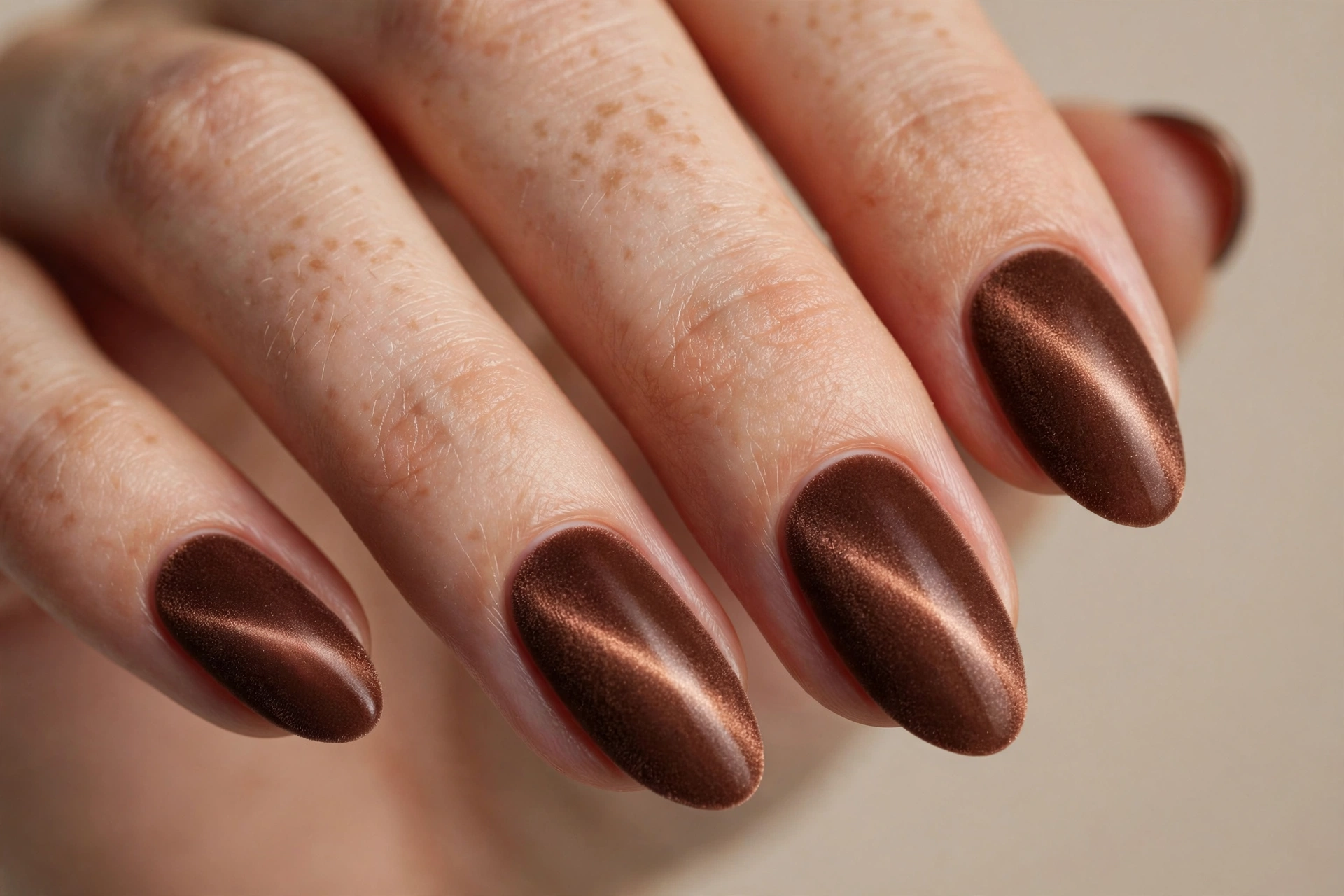 Chocolate brown velvet cat-eye nails with warm dimensional glow