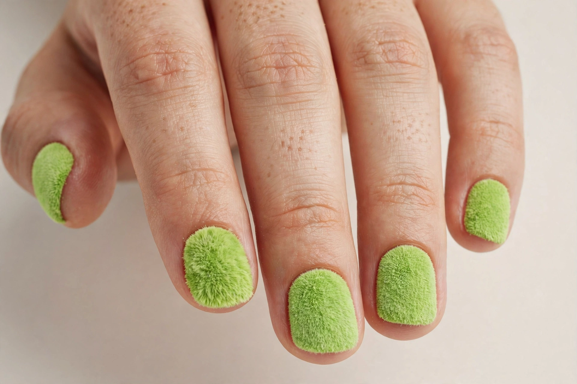 Textured fuzzy green flocking-powder nails resembling soft fur