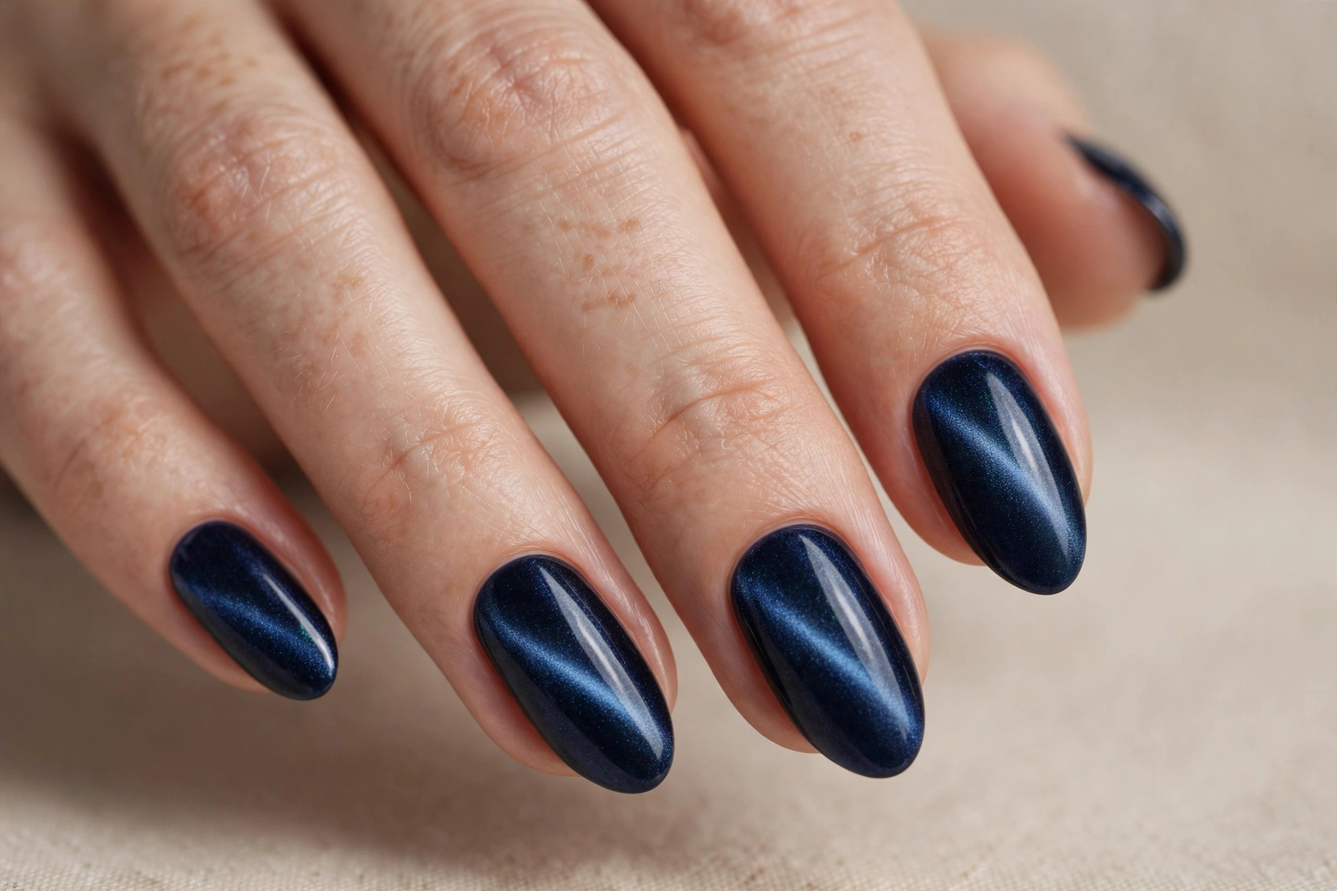 Navy blue velvet nails with deep oceanic magnetic shimmer