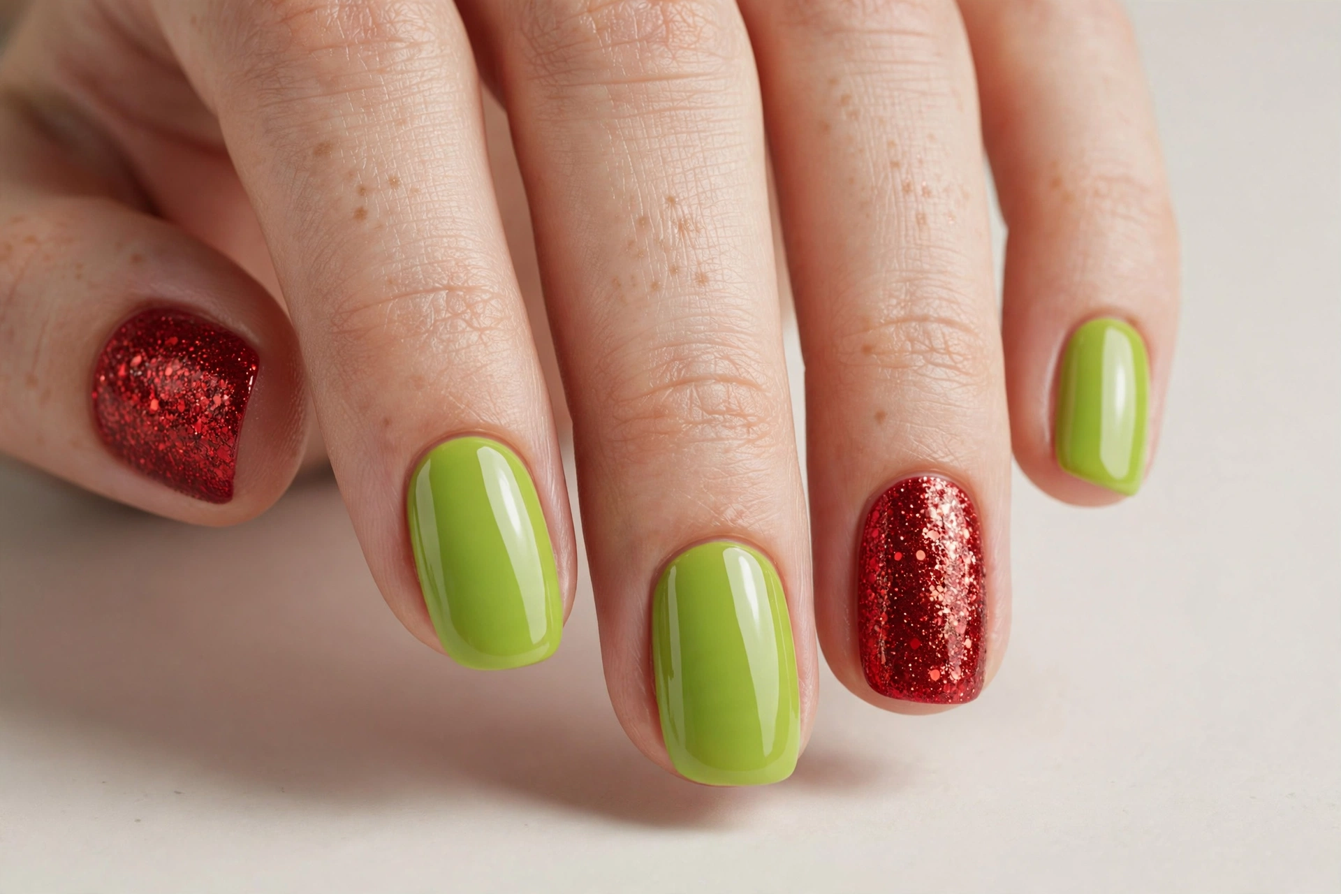 Lime green nails with Santa red glitter accent nails