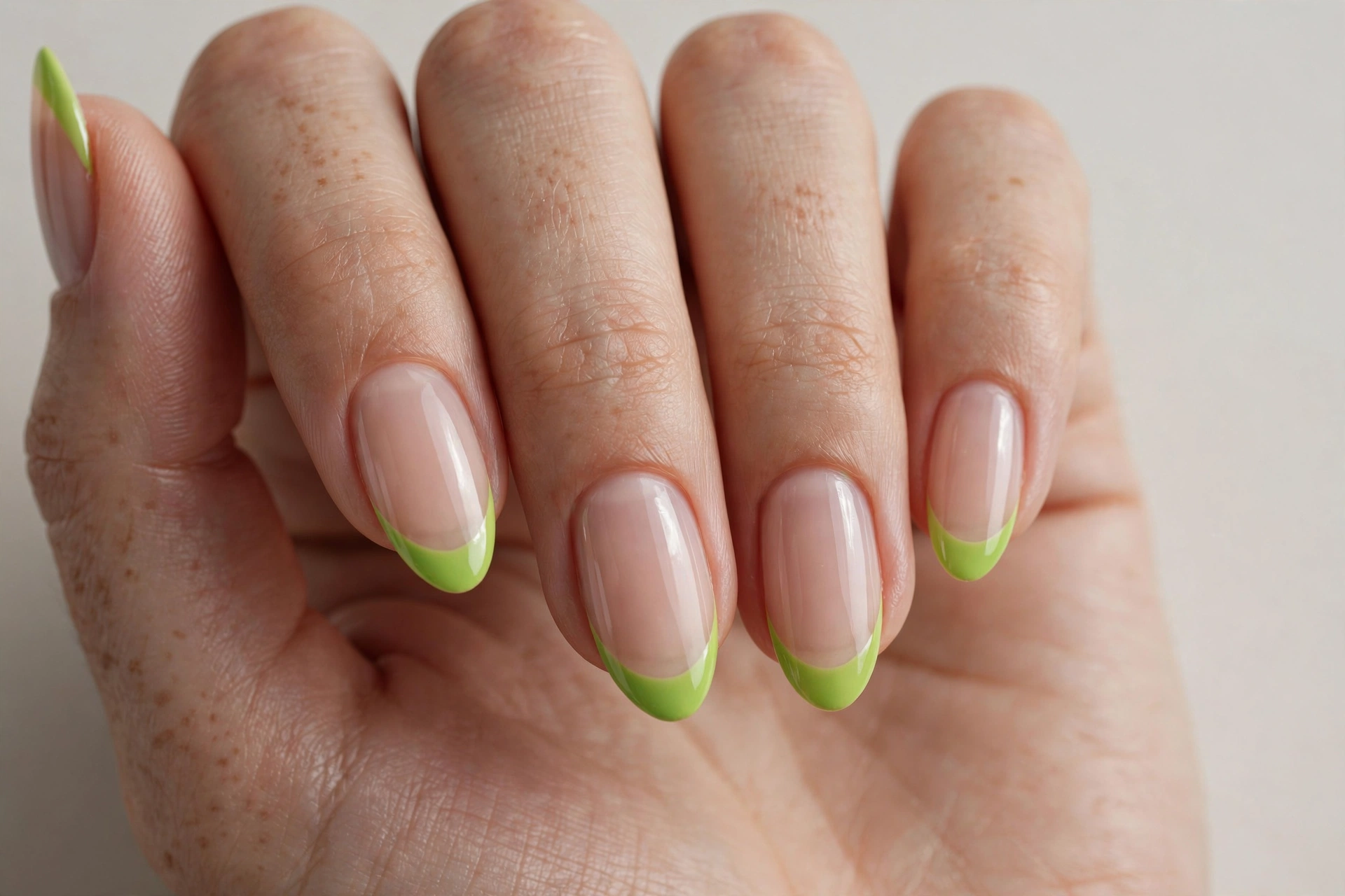Green French tip nails with lime green tips on nude base