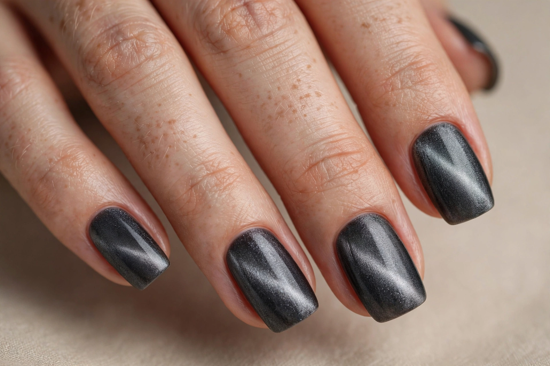 Smoky gray velvet cat-eye manicure with cool metallic shimmer