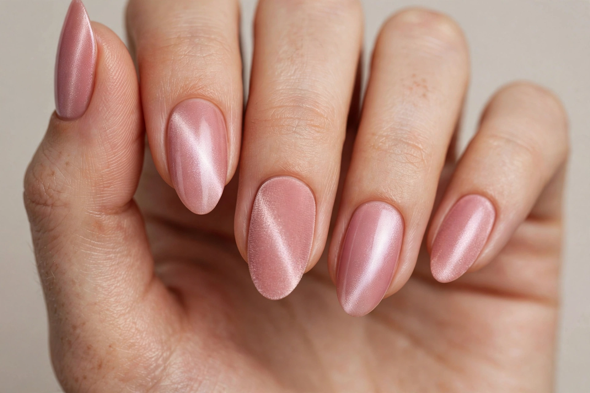 Soft blush pink velvet nails with delicate pearly magnetic glow