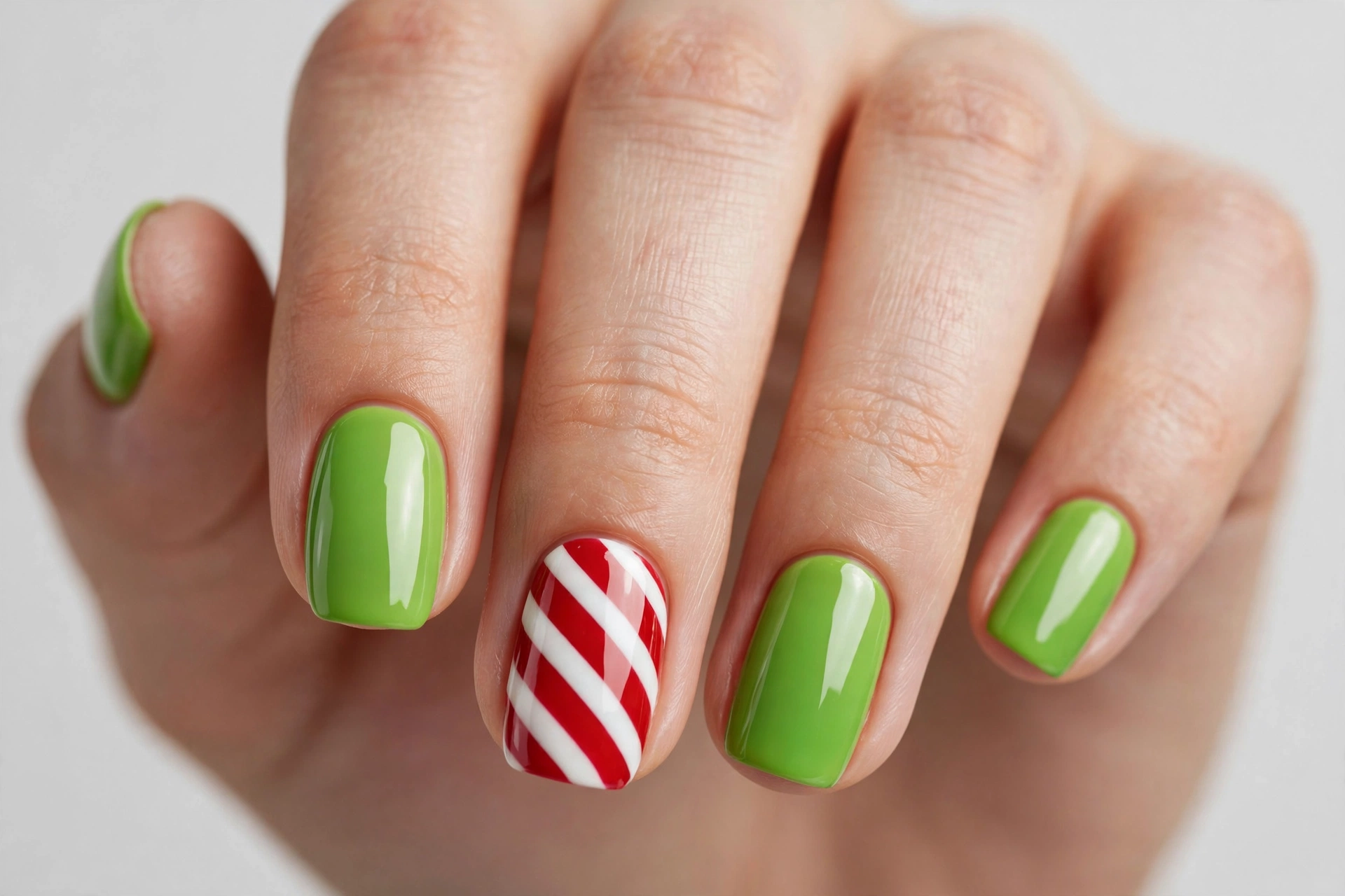 Red and white candy cane striped nail art with green accent nails