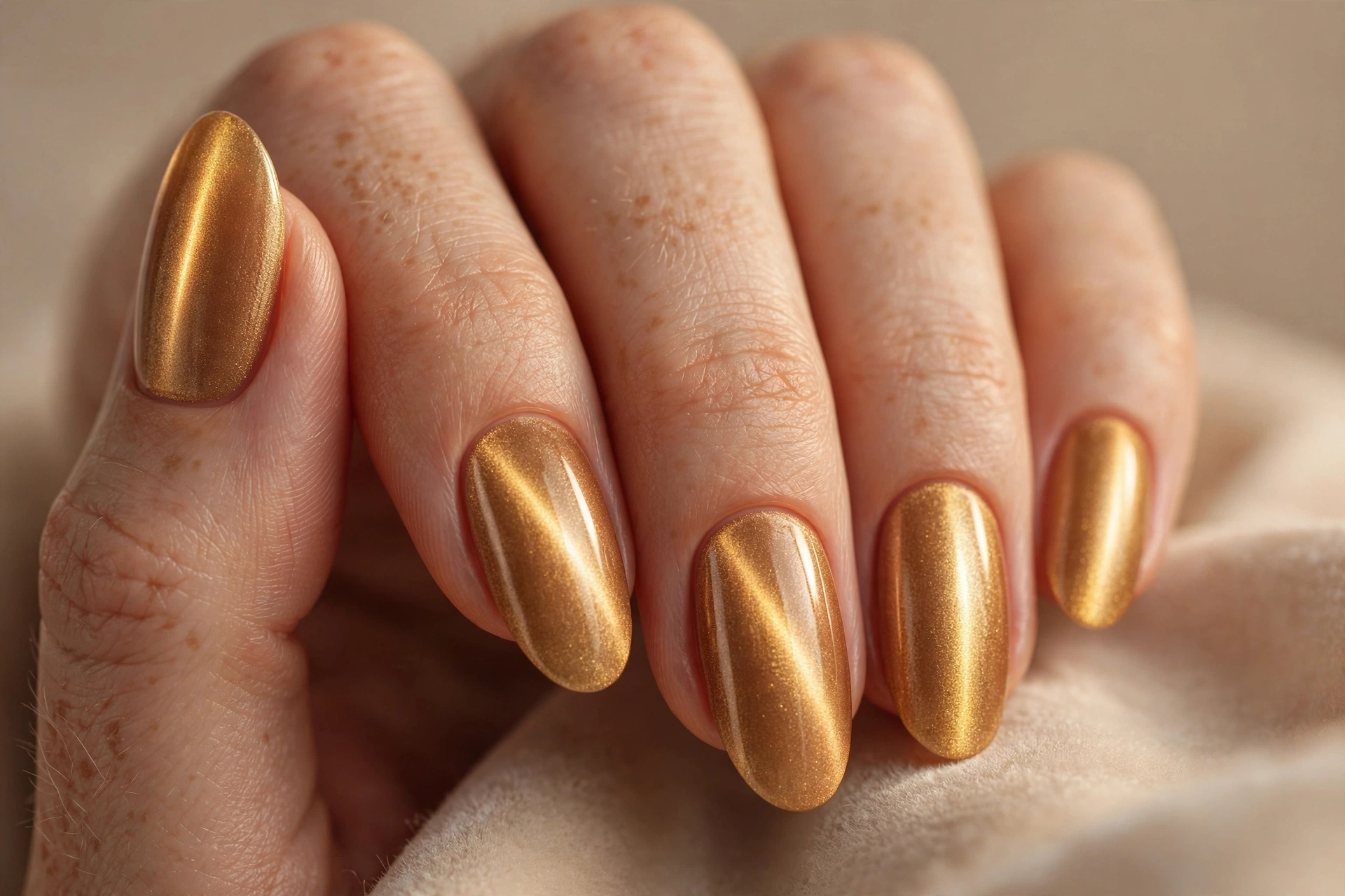 Champagne gold velvet cat-eye nails with luxurious warm shimmer