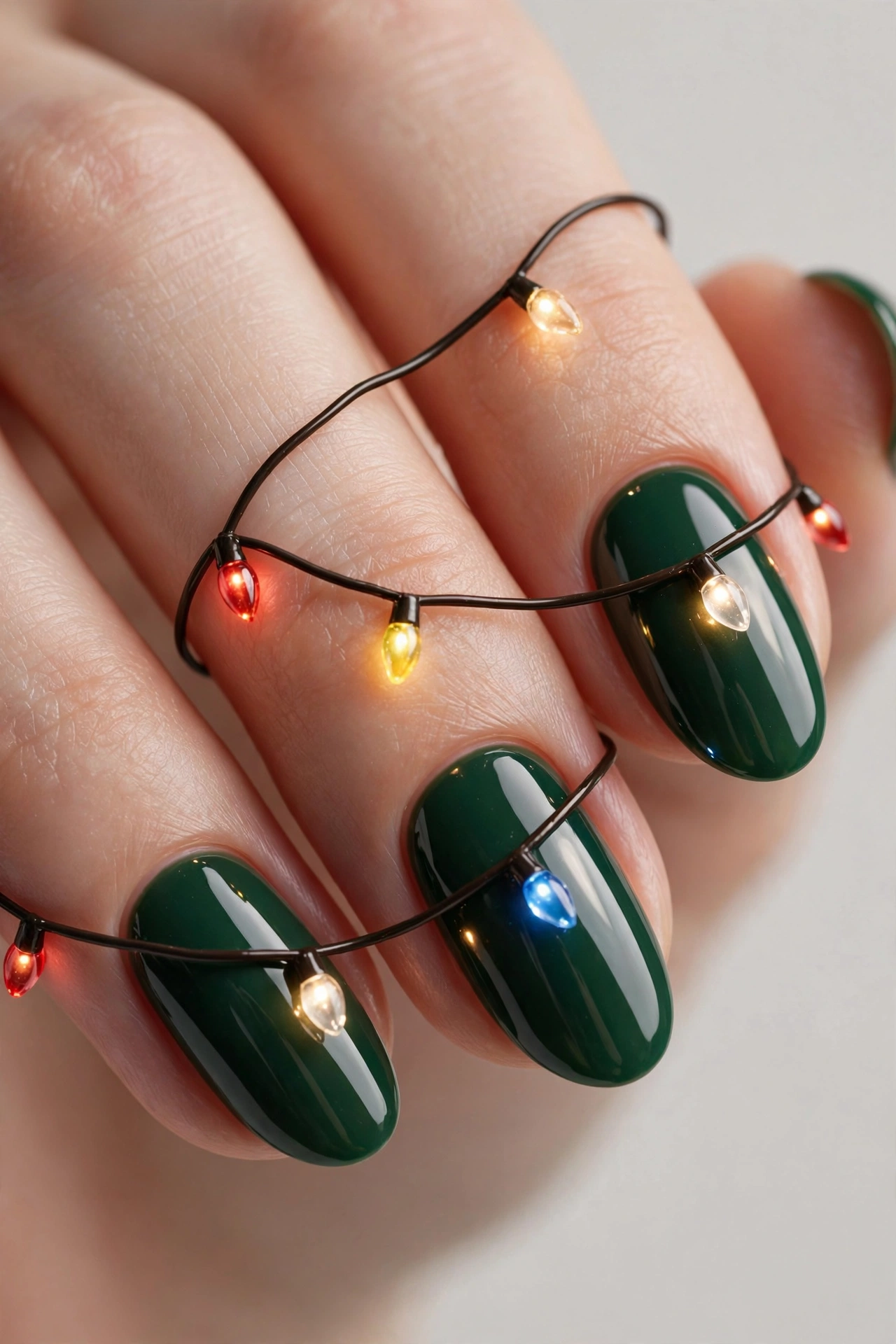 Colorful Christmas light bulb nail art painted on green nails