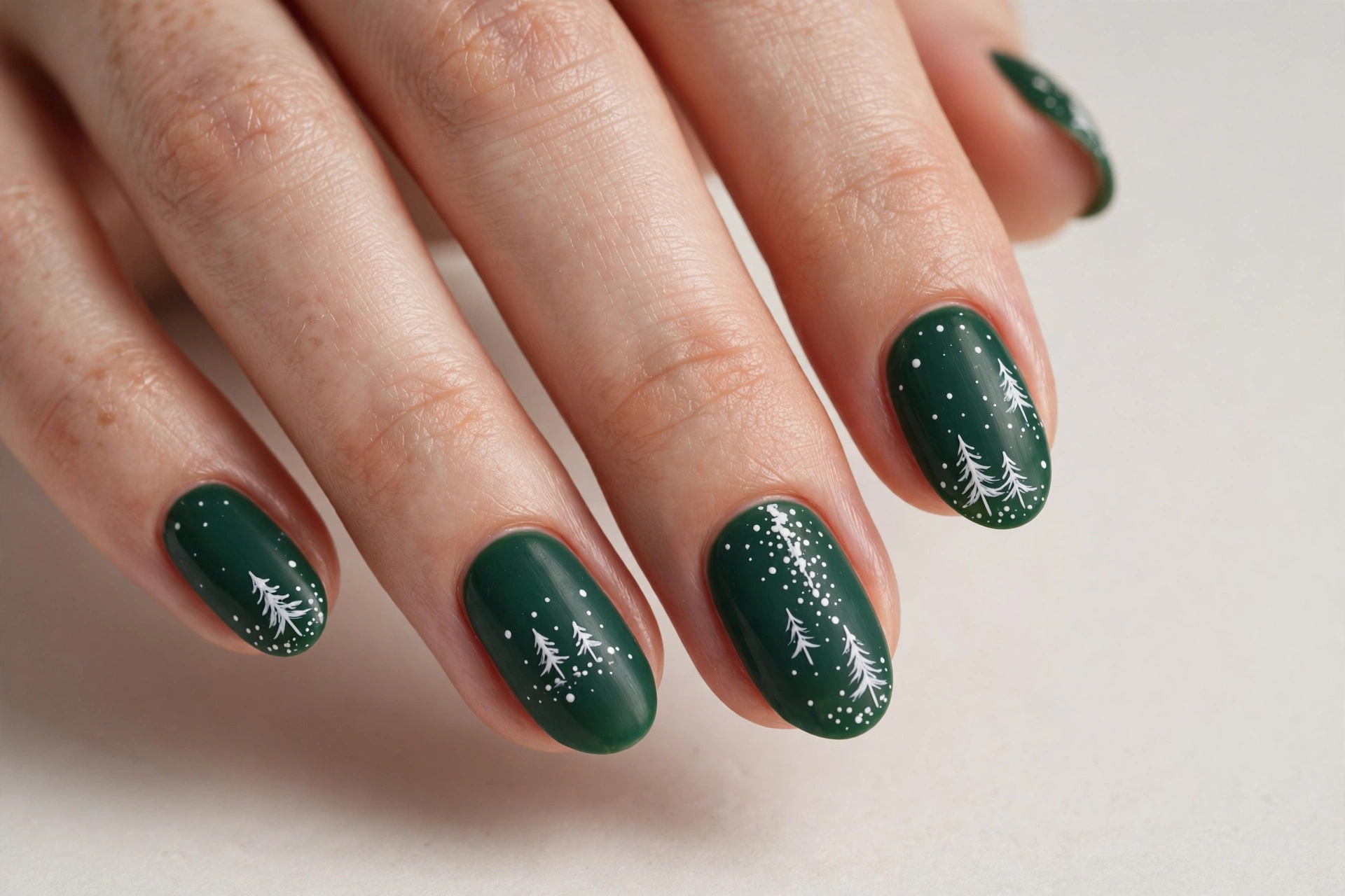 White snowy pine tree silhouettes painted on deep green nails