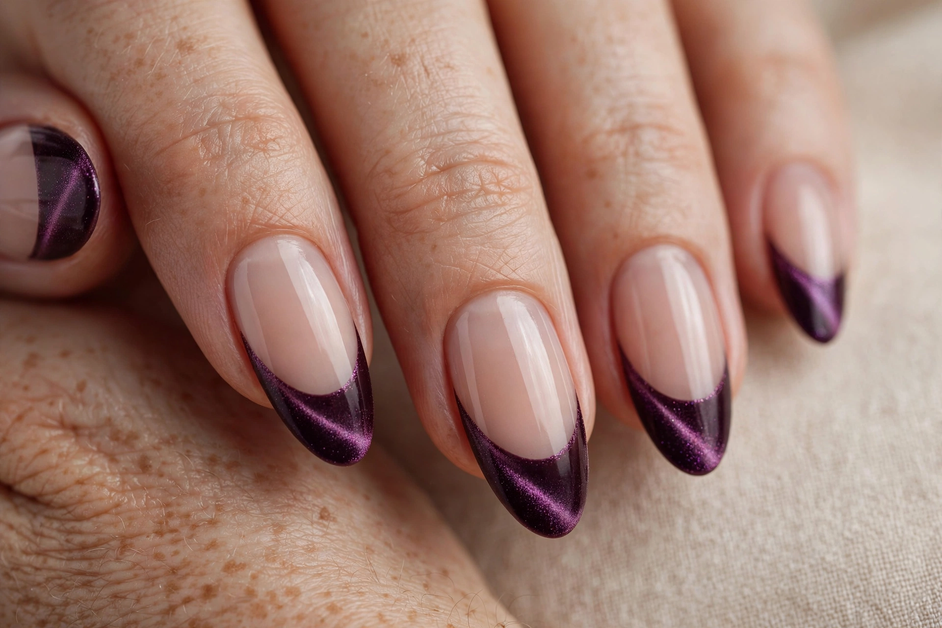 Velvet French tip manicure with magnetic shimmer tips over nude base