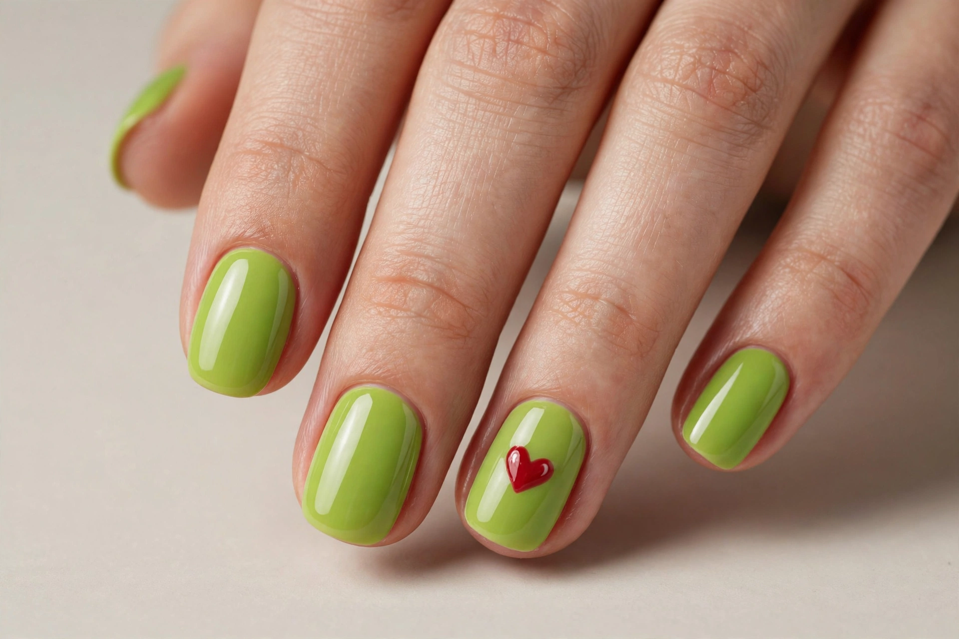 Lime green nails with a single red heart accent nail