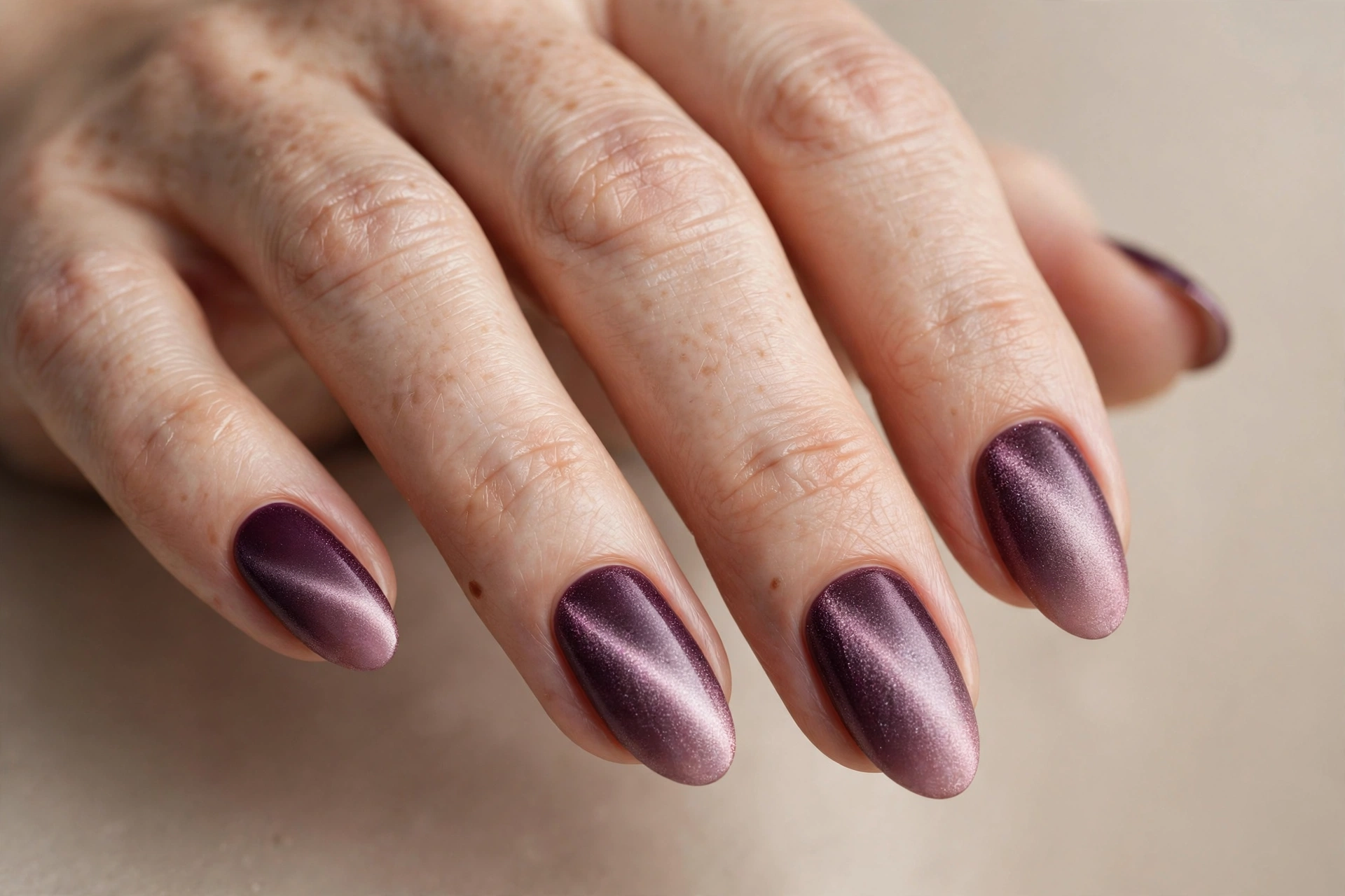 Velvet ombré nails fading from deep plum to soft mauve with magnetic shimmer